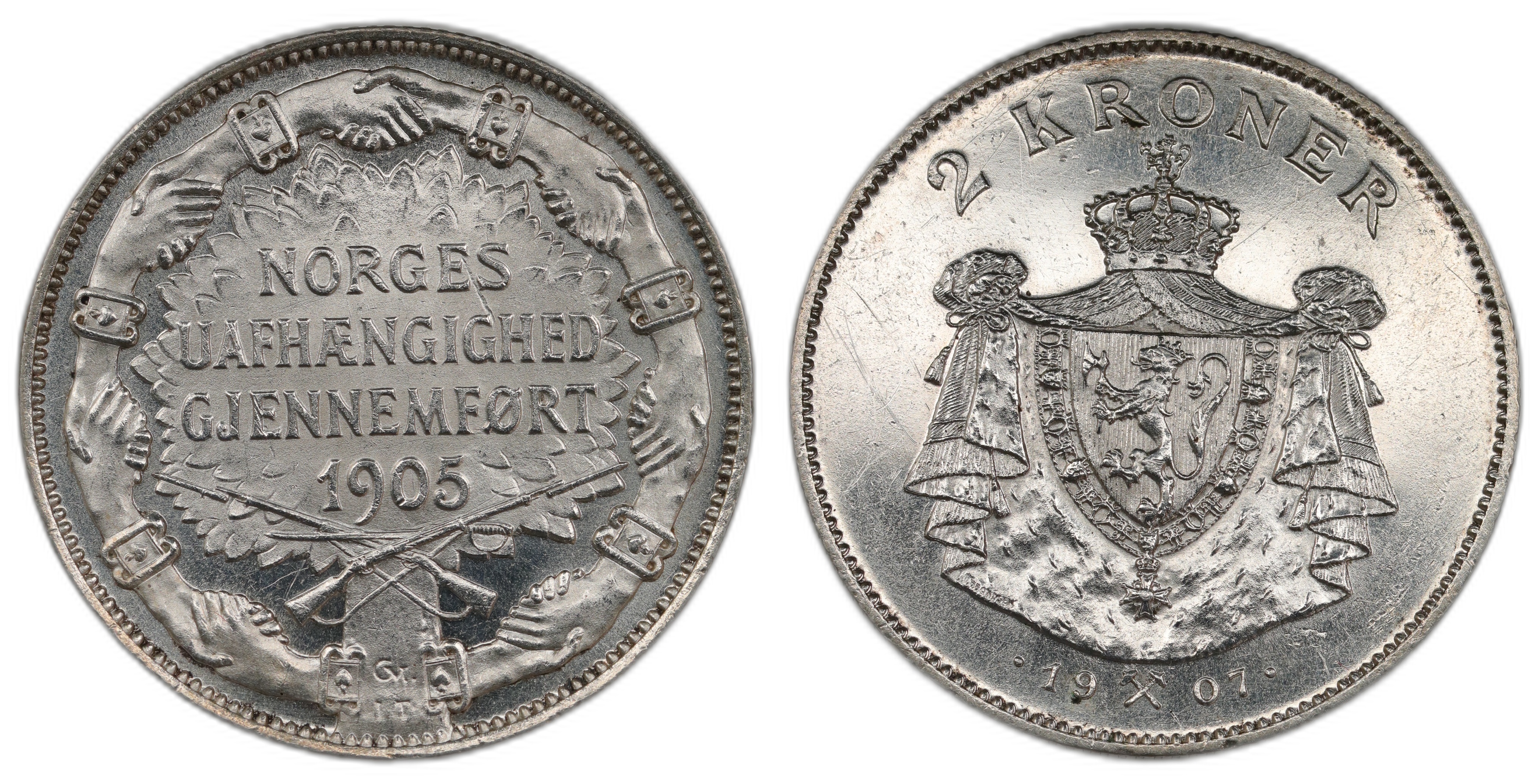 Norge 2 Kroner 1907 Gevær Kv 0/01, renset