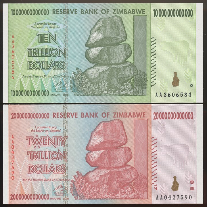 Zimbabwe 20 and 10 Trillion Dollars 2008 Kv 0 (UNC)