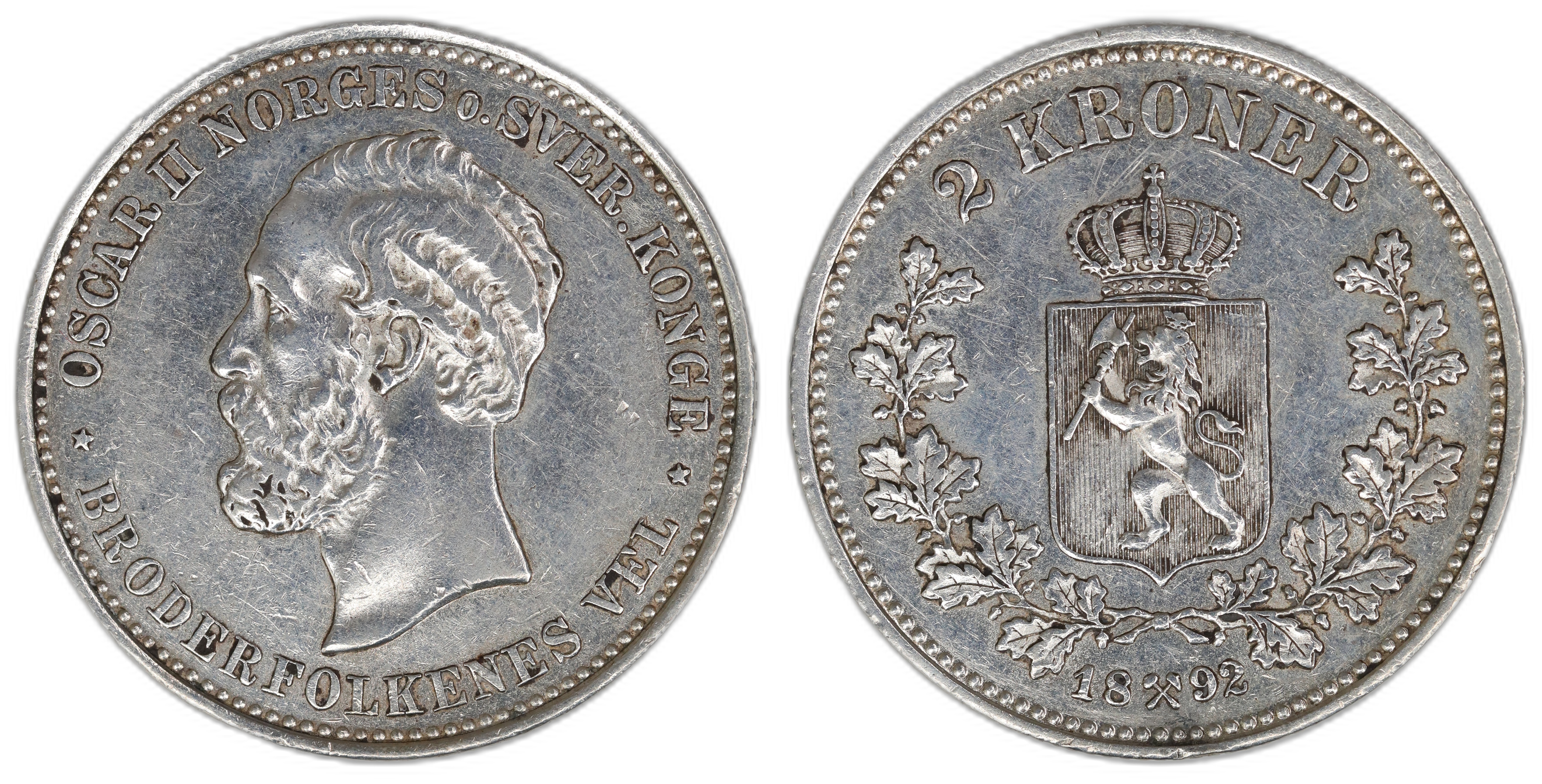 Norge 2 Kroner 1892  Kv: 1+, pusset