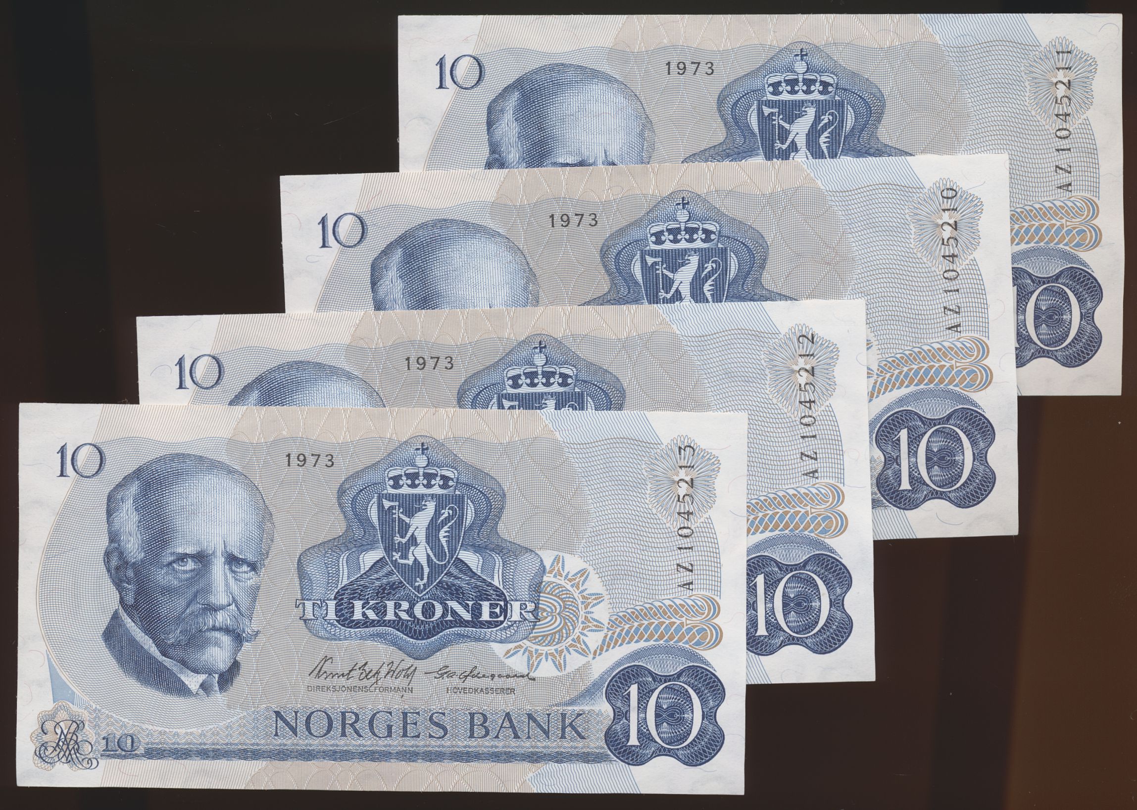 10 Kroner 1973 AZ, 4 Stk i nummerrekkefølge Kv 0