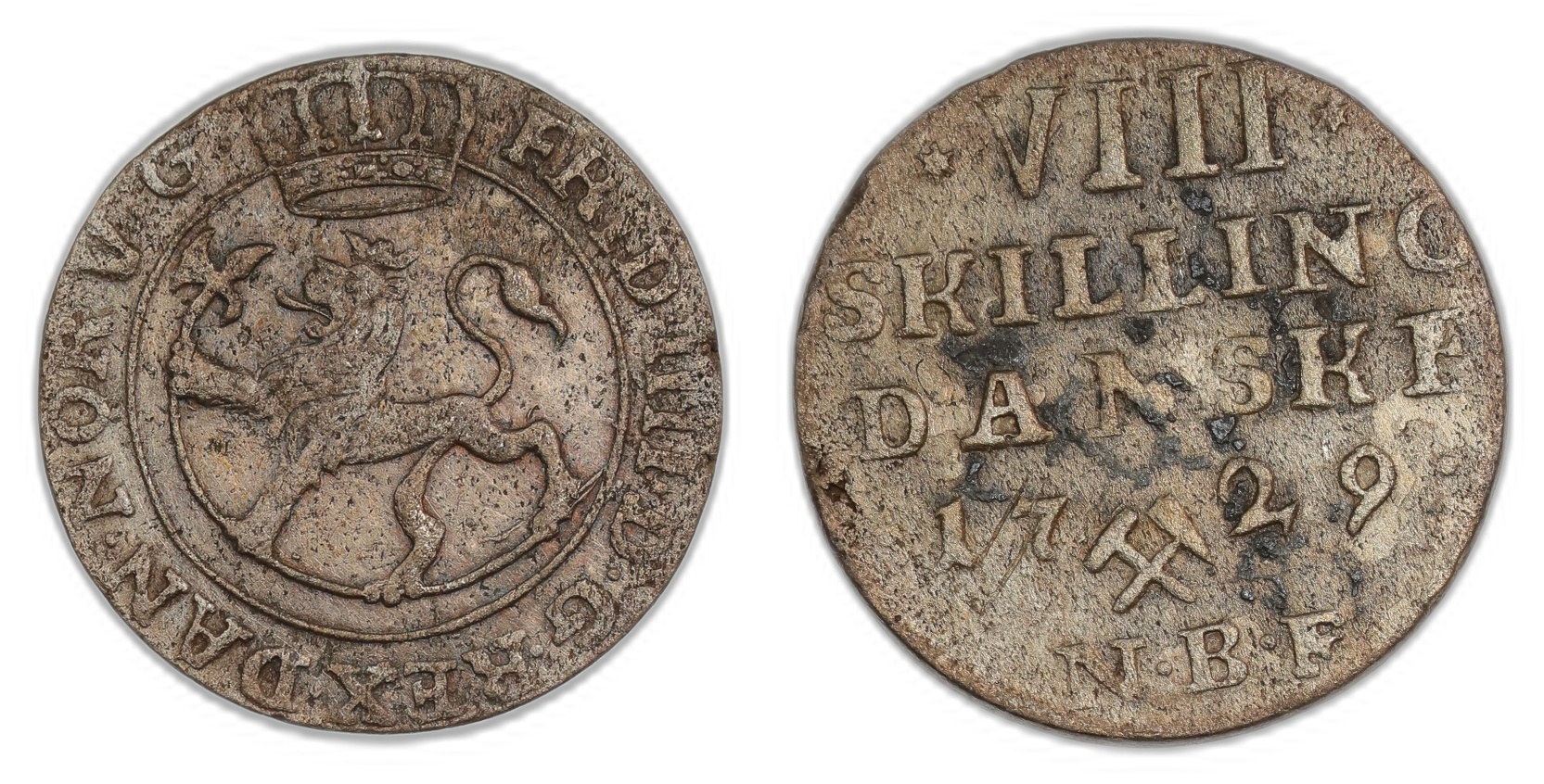 Norge 8 Skilling 1729 Kv 1+, renset