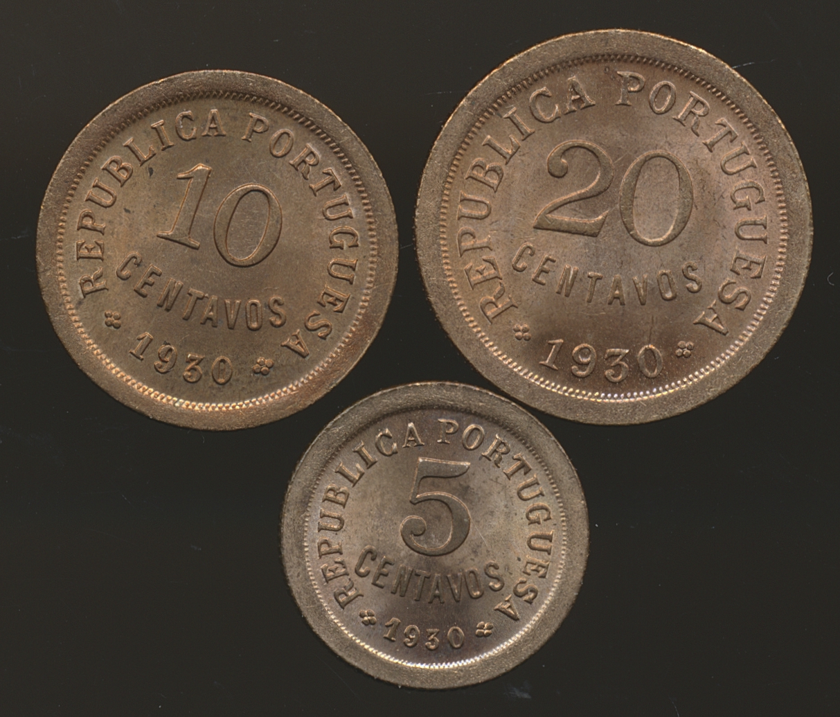AUG26-2896 Cape Verde 20, 10, 5 Centavos 1930  Kv: UNC