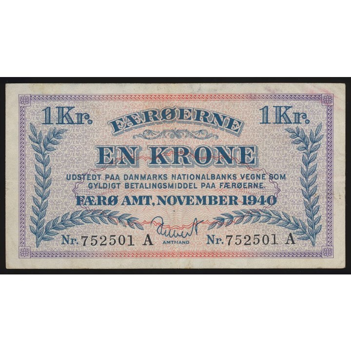 Færøyene 1 Krone 1940 Kv 1+/01, lett smuss
