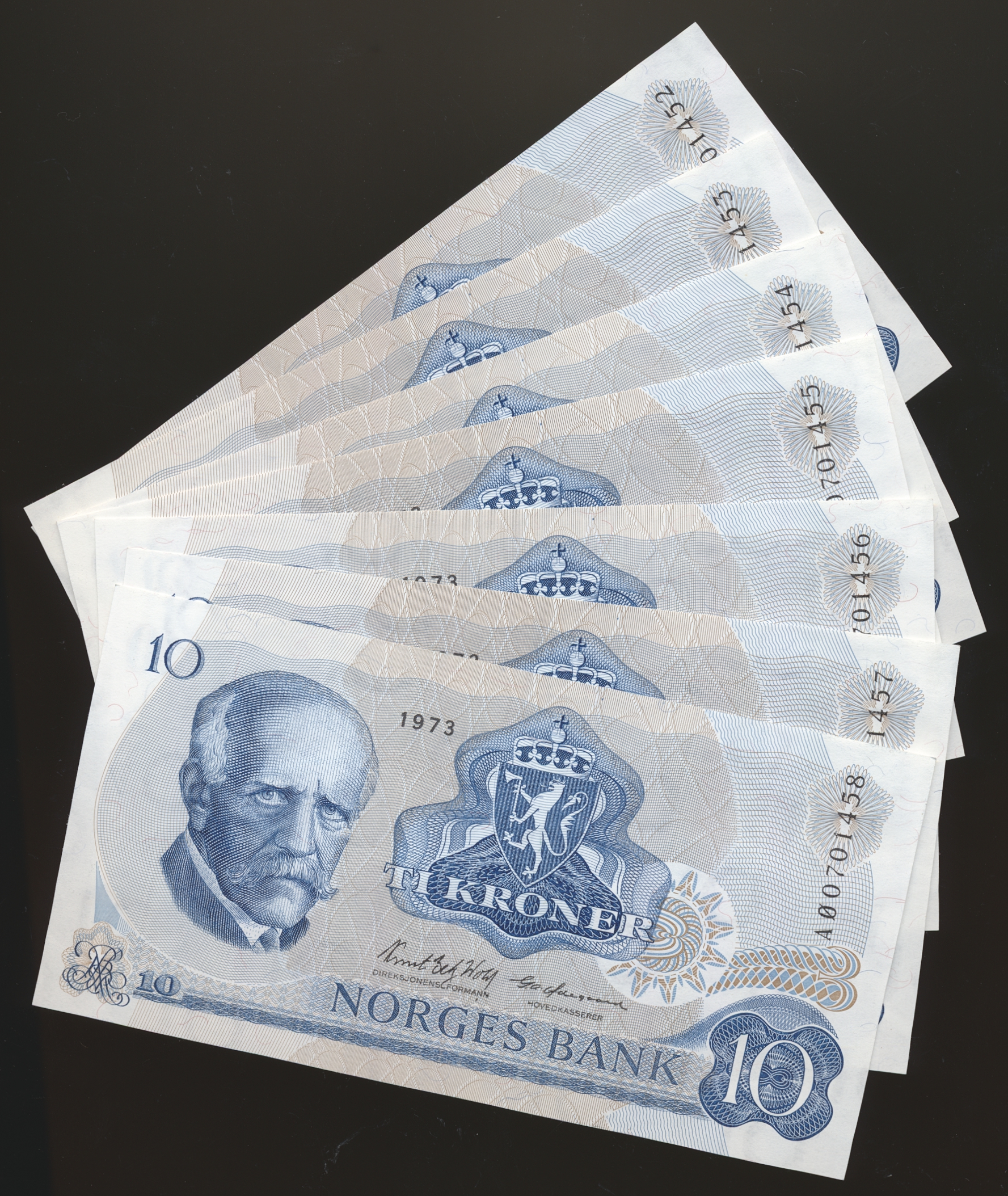 10 Kroner 1973 AØ, 7 Stk i Nummerrekkefølge Kv 0