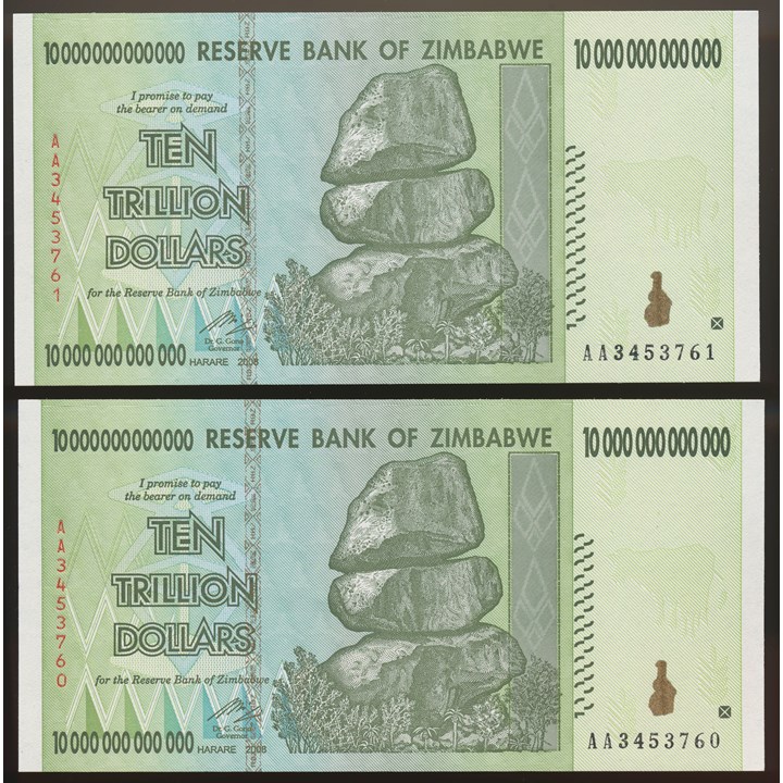 Zimbabwe 10 Trillion Dollars 2008 AA-prefix, 2 Concecutive notes UNC