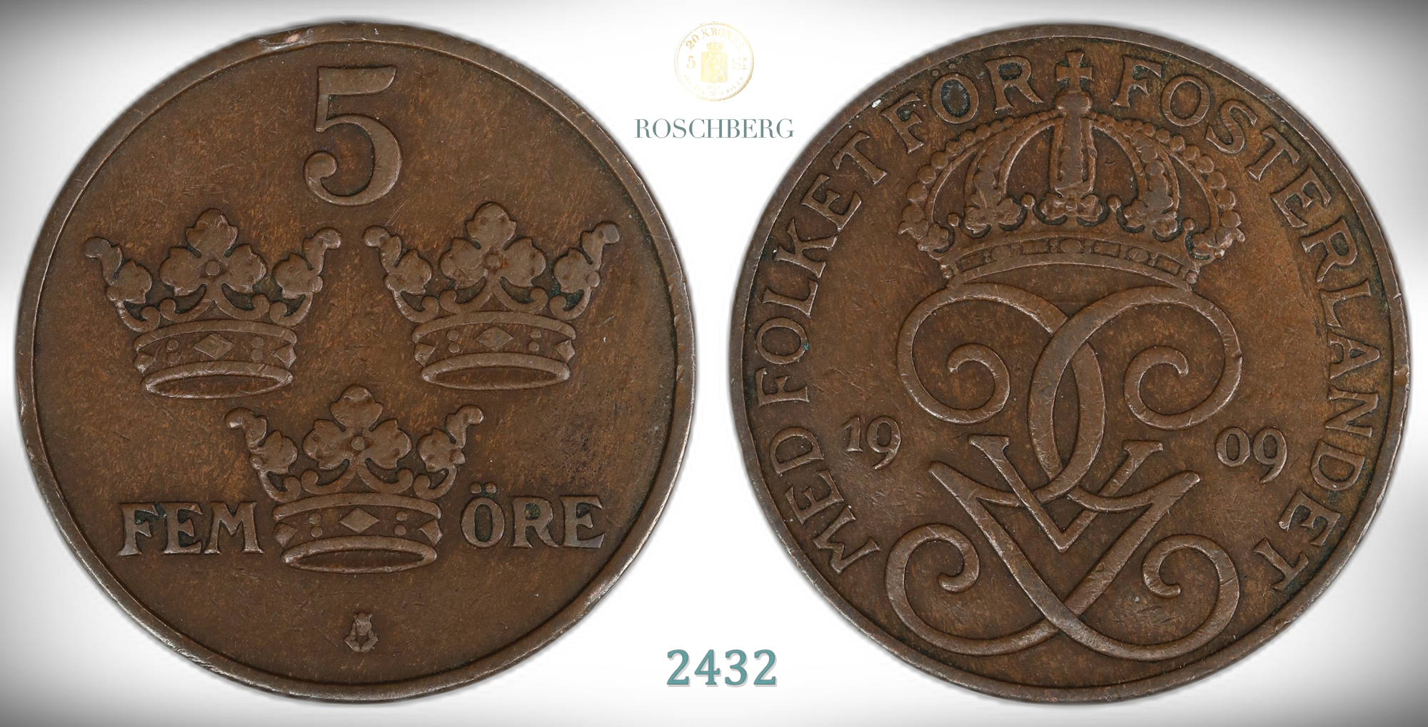Sverige 5 Öre 1909 Stort Kors Kv: 1