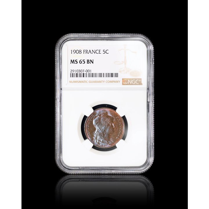 France 5 Centimes 1908 NGC MS65BN