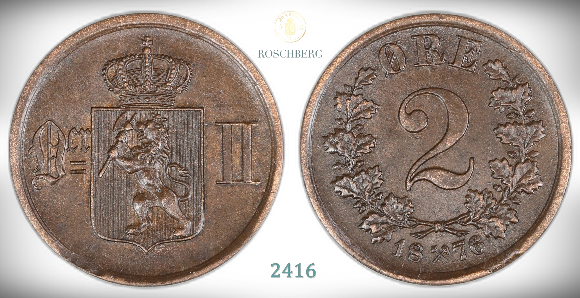 Norge 2 Øre 1876  Kv: 01