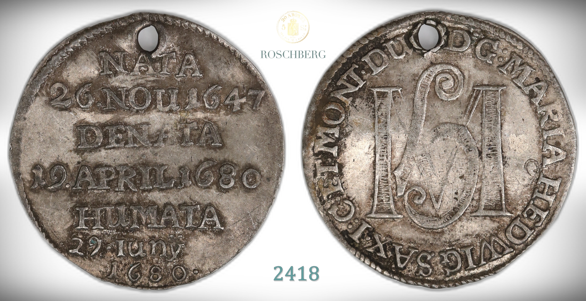 Germany, Saxe-Meiningen 2 Grosch 1680 Death of Maria Hedwig Kv: VF, pierced