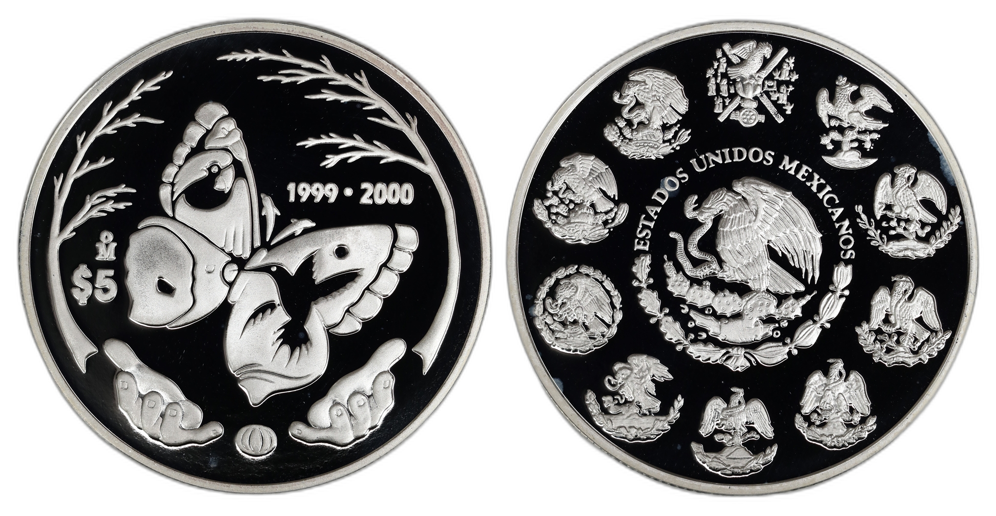 Mexico 5 Pesos 1999-2000 "Mariposa" 1 Oz 999 Sølv Proof