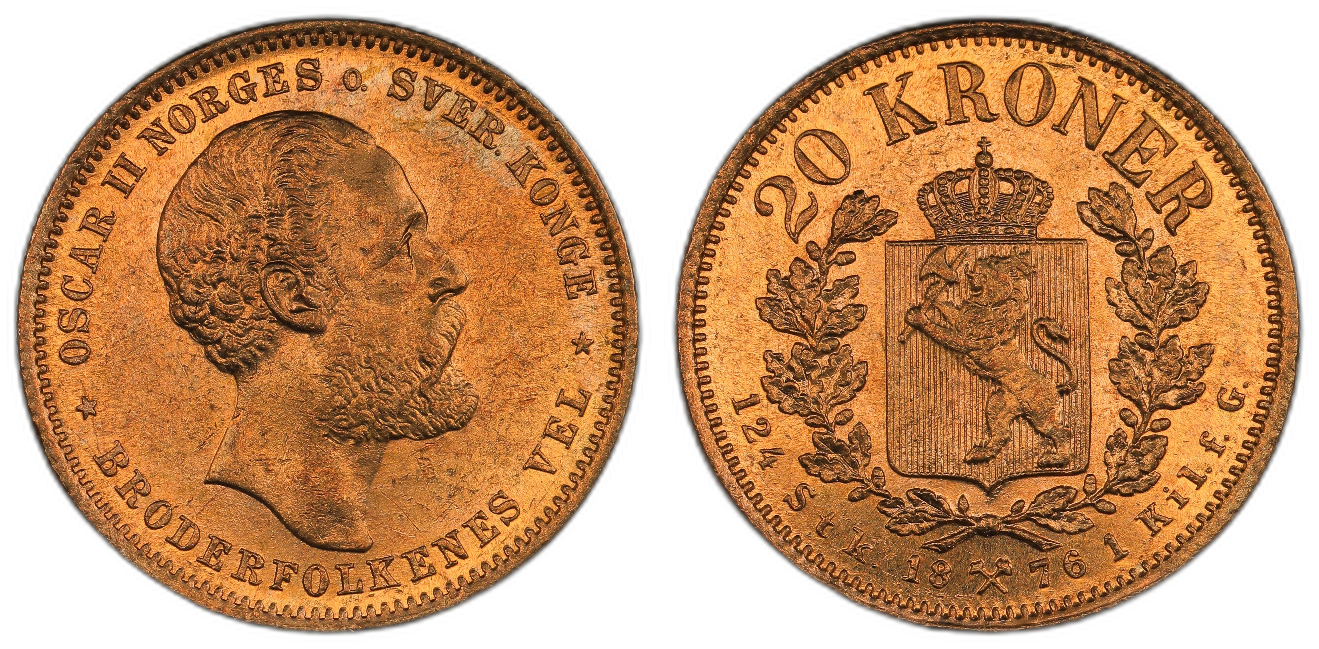 Norge 20 Kroner 1876 Kv: 0/01