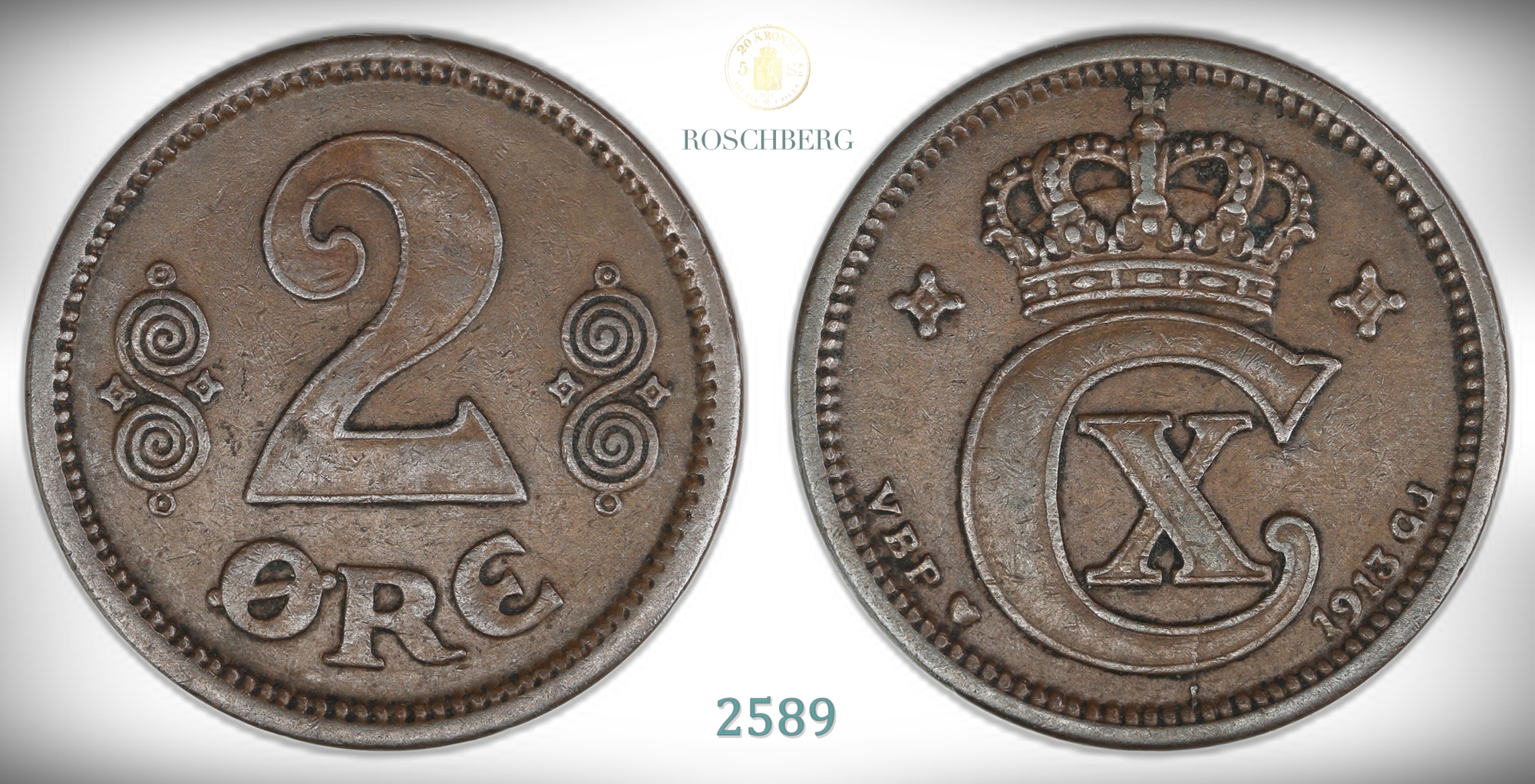 Danmark 2 Øre 1913  Kv: 1+