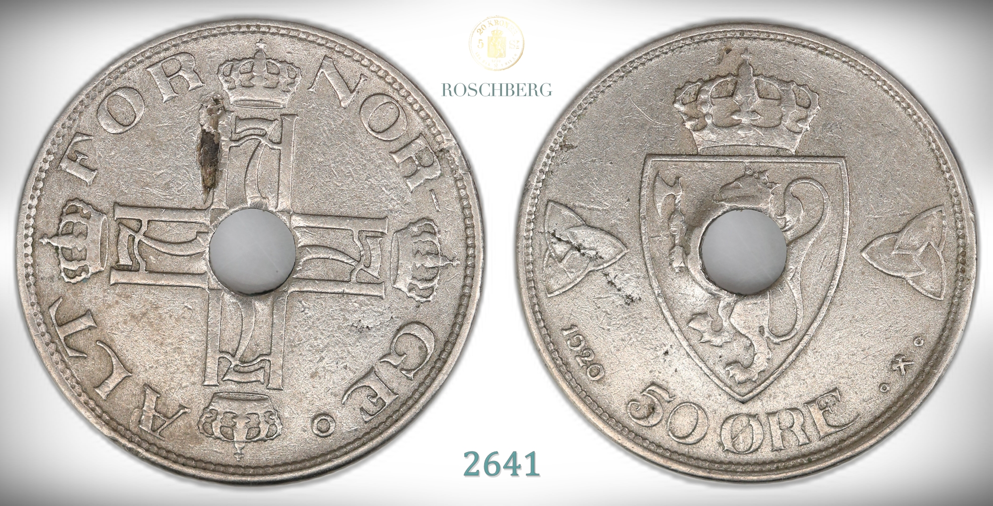 Norge 50 Øre 1920 Med Hull Kv: 1+