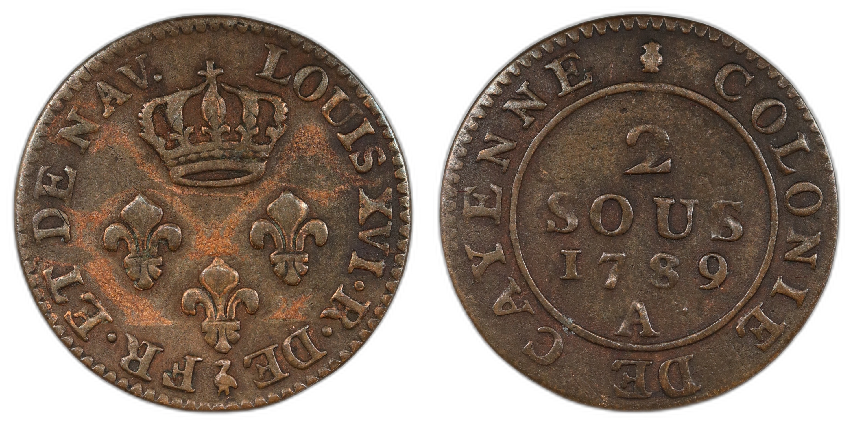 French Guyana 2 Sous 1789-A Kv: VF
