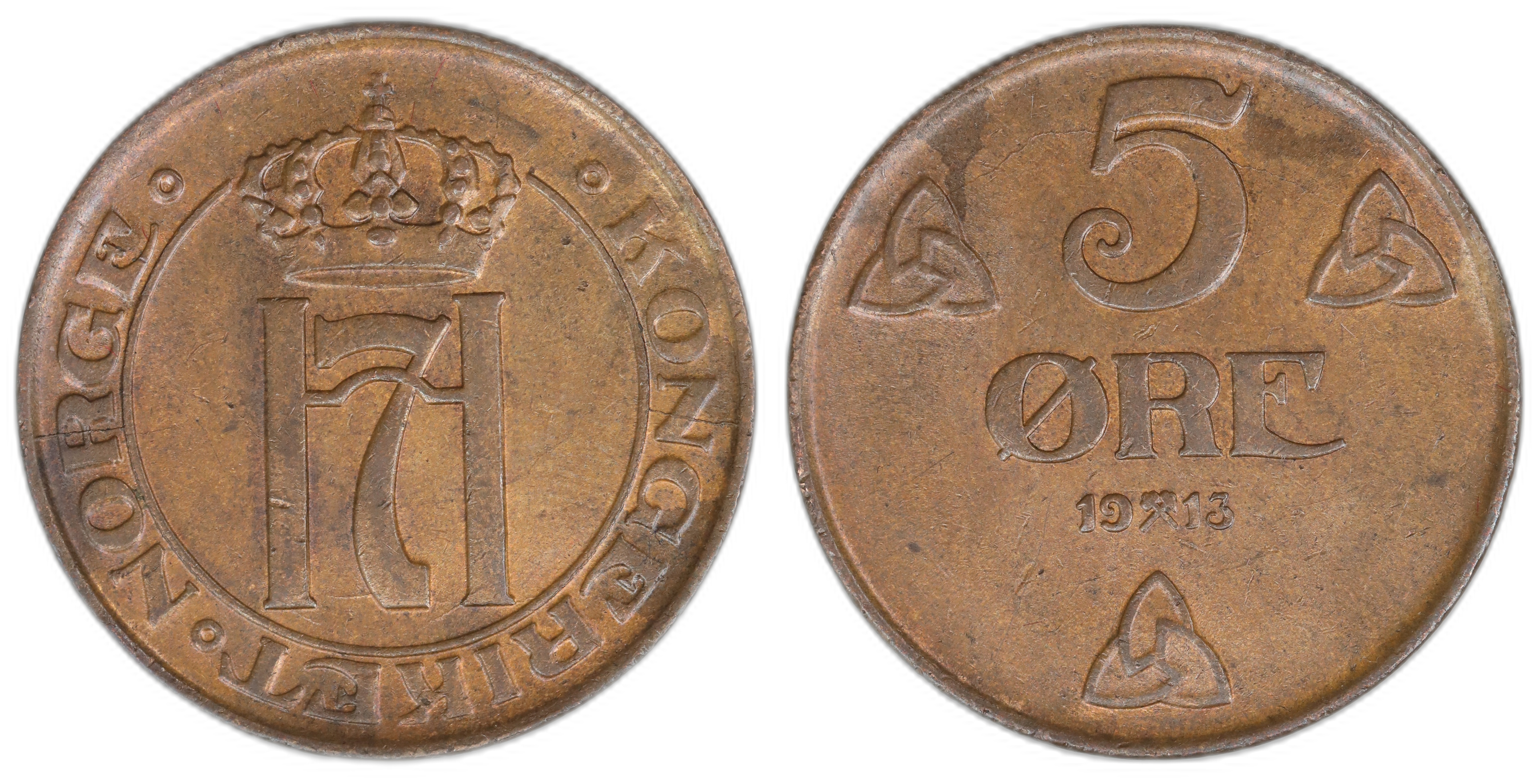 Norge 5 Øre 1913  Kv: 0/01