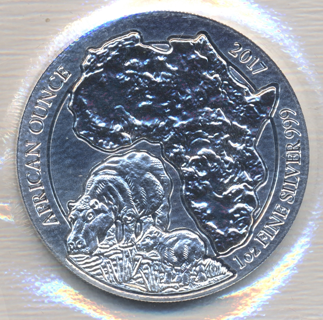 Rwanda 50 Francs 2017 Hippopotamus 1 Oz 999 Sølv UNC 
