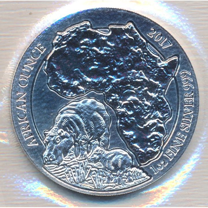 Rwanda 50 Francs 2017 Hippopotamus 1 Oz 999 Sølv UNC