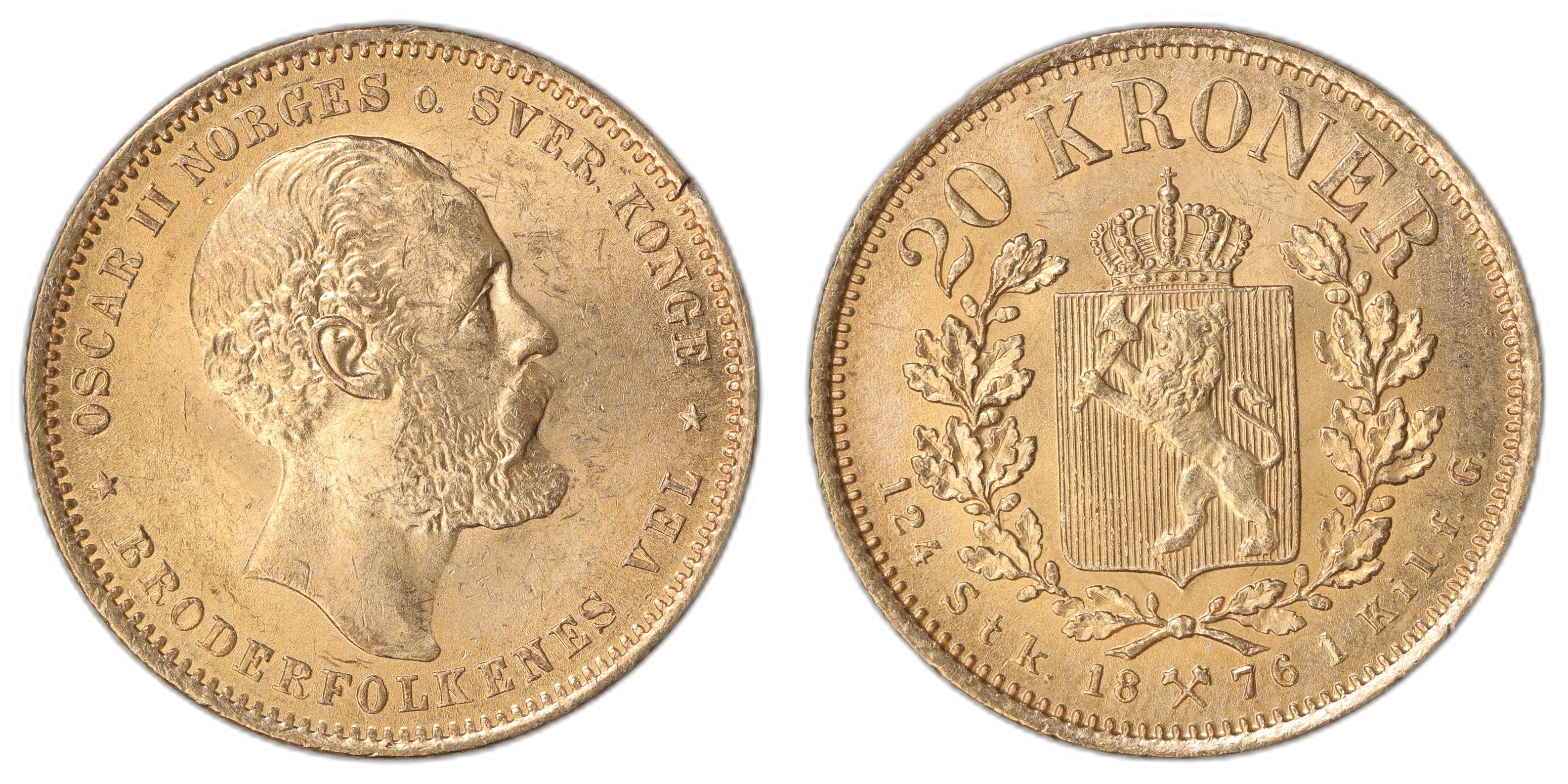 Norge 20 Kroner 1876 8.08 gr fine Kv: 0/01