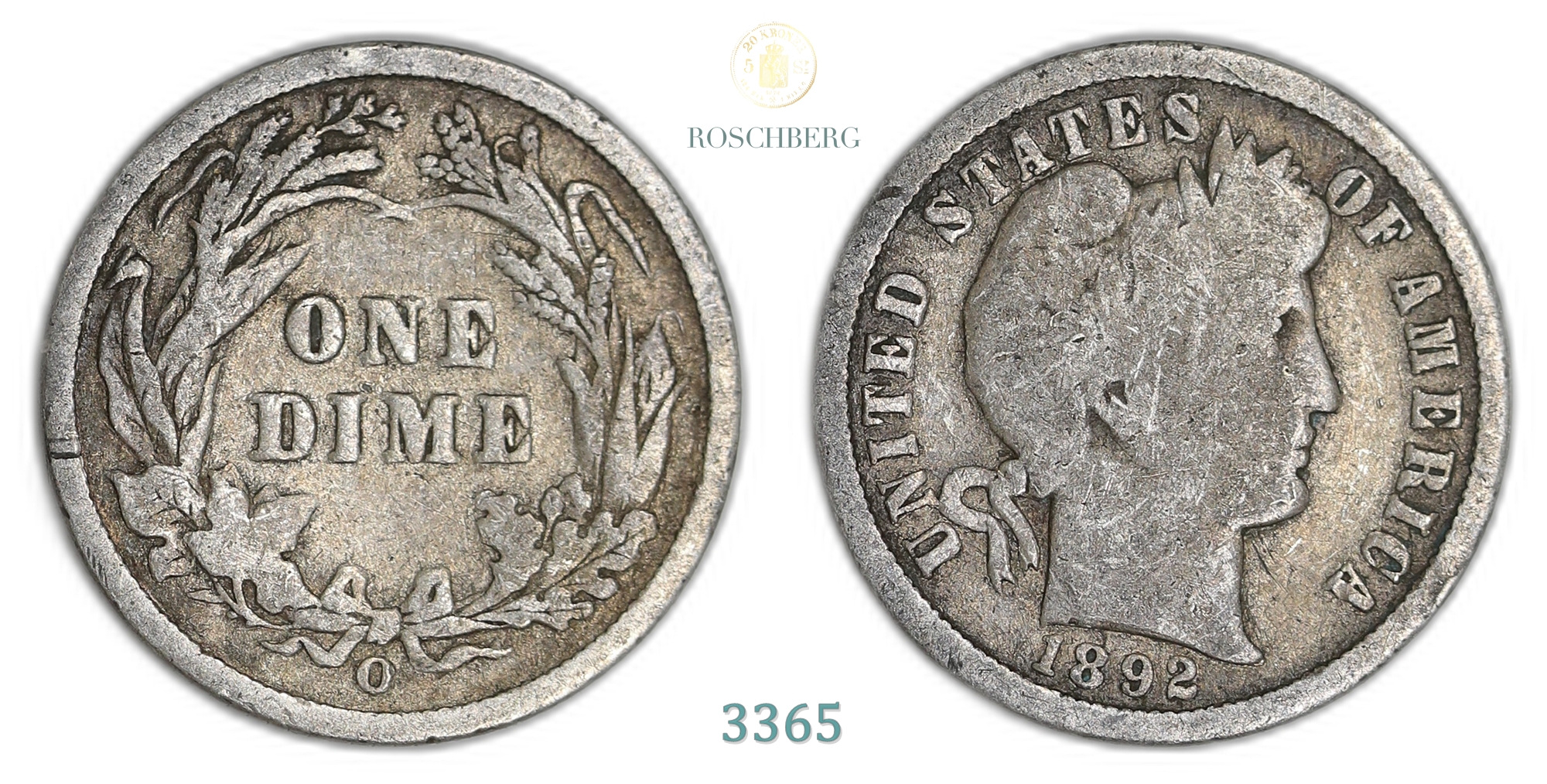 USA 10 Cents 1892-O Barber Dime Kv: VG