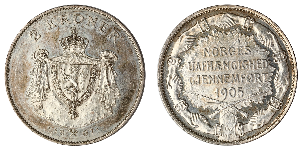 Norge 2 Kroner 1907 Gevær  Kv: 01, renset