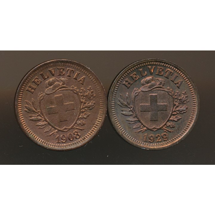 Sveits 1 Rappen 1908 og 1929 Kv 0