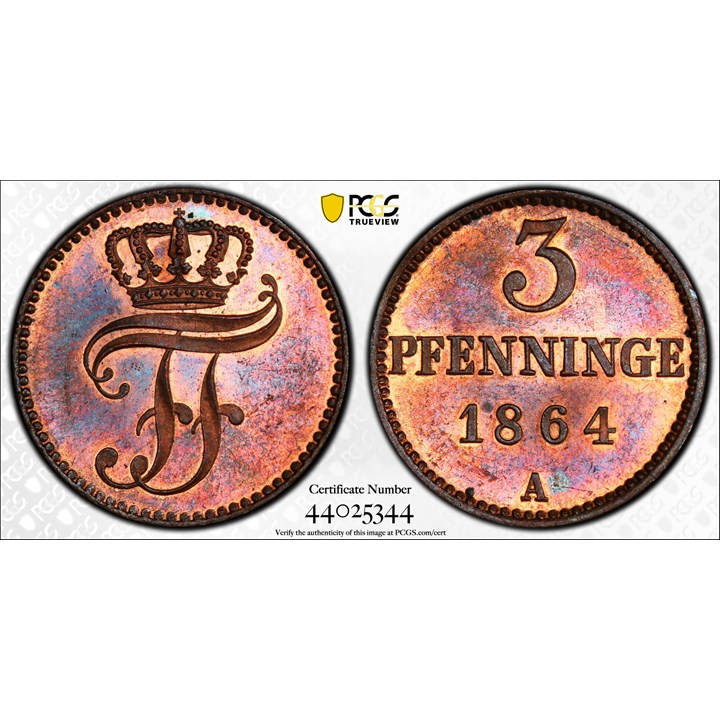 Mecklenburg-Schwerin 3 Pfennig 1864 PCGS PR64RB