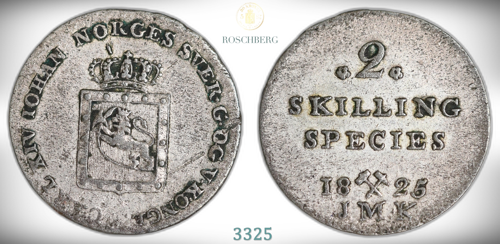 Norge 2 Skilling 1825 Uten Punkt Kv: 1+