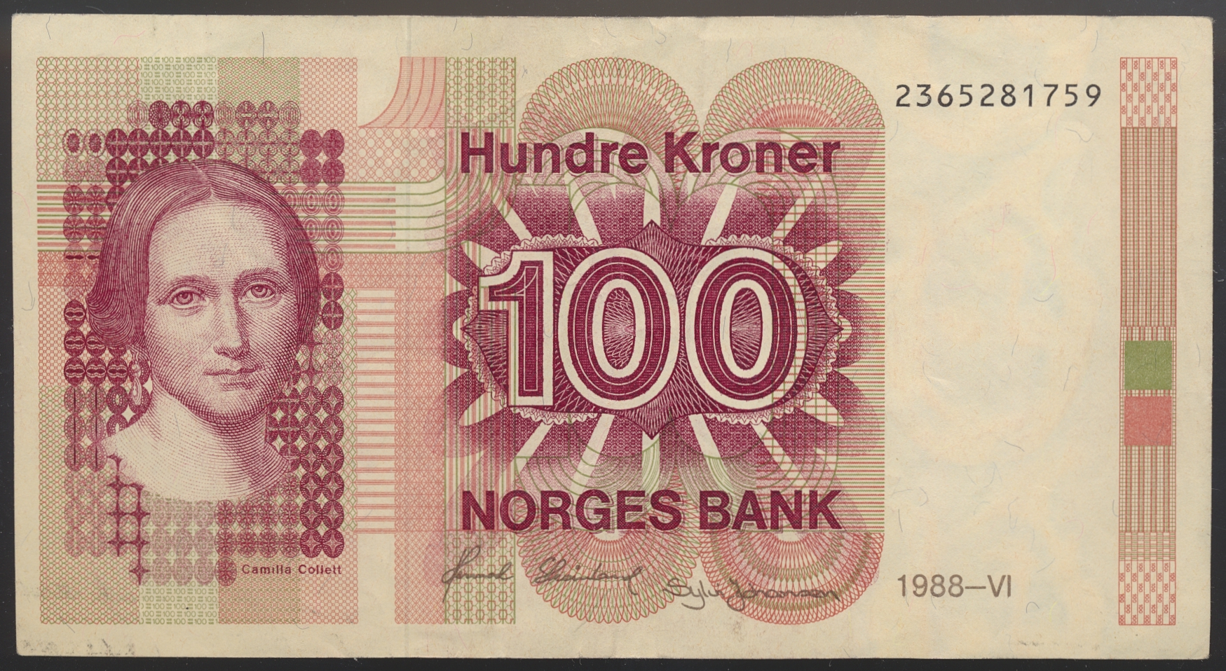 100 Kroner 1988 Vannmerke opp/ned Kv 1