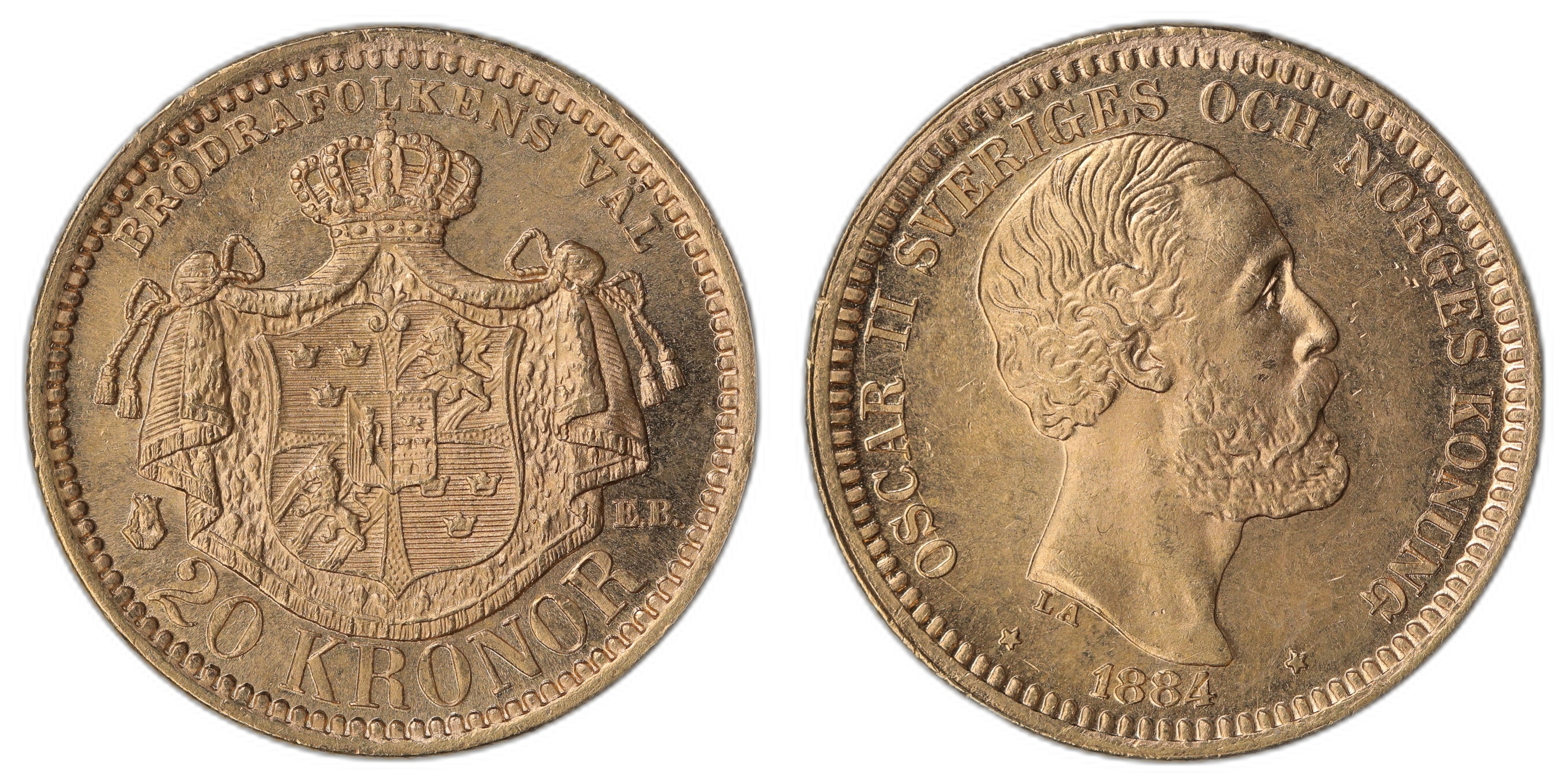 Sweden 20 Kronor 1884 8.08 gr fine Kv: 0/01 (UNC)