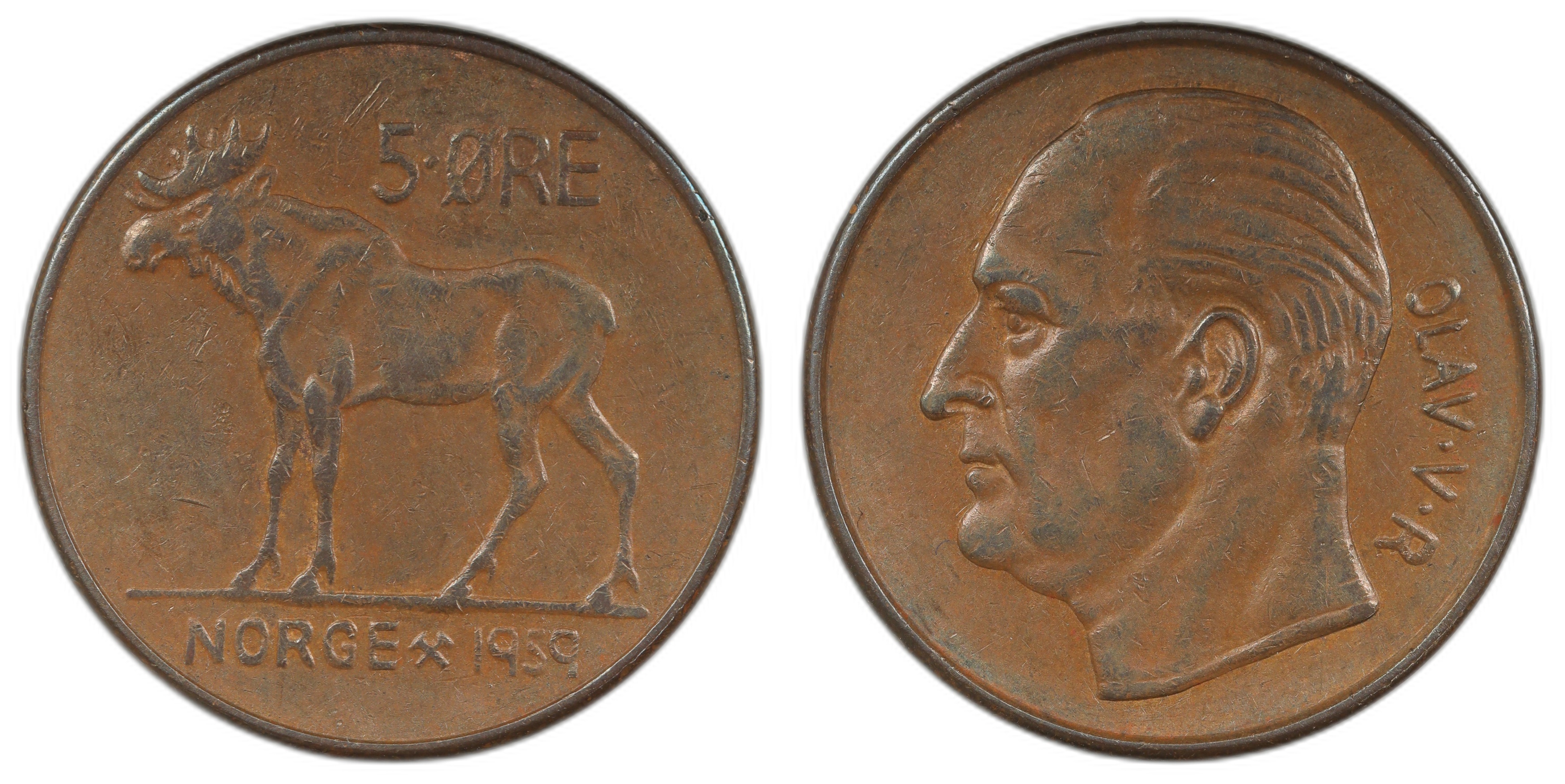 5 Øre 1959 Portrett fra prøvemynt Kv 1+