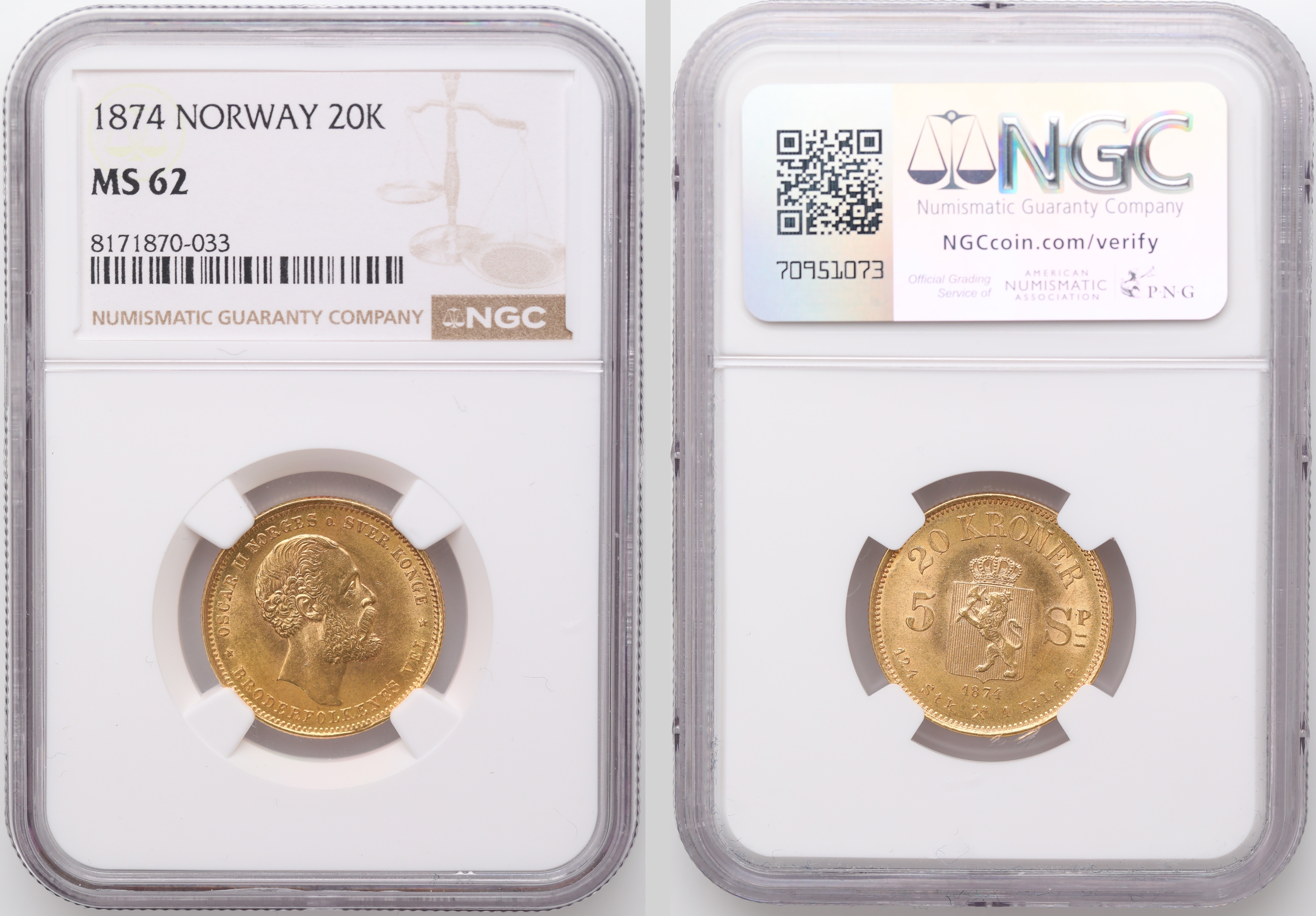 Norge 20 Kroner / 5 Sp. 1874  Kv: NGC MS62