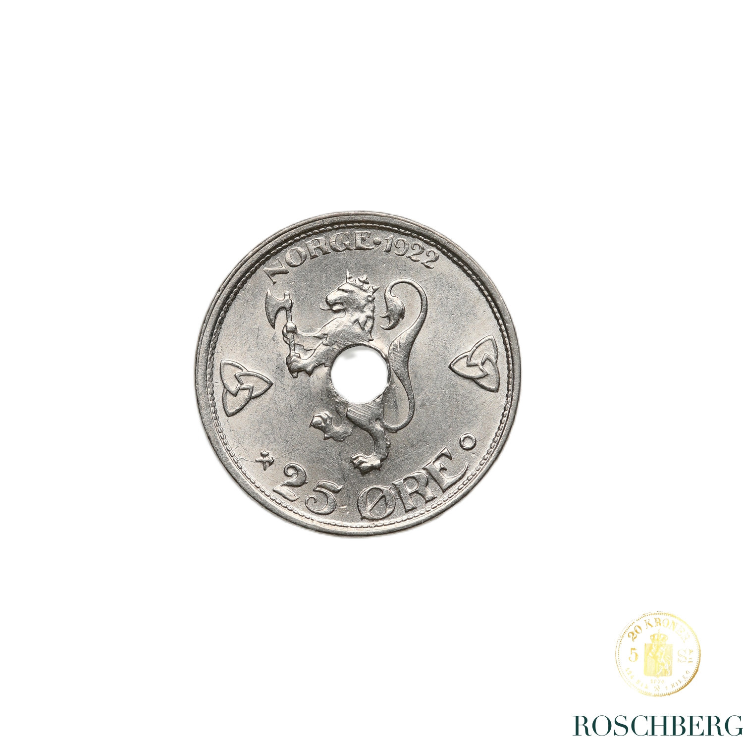 Norge 25 Øre 1922 Med Hull Kv 0/01