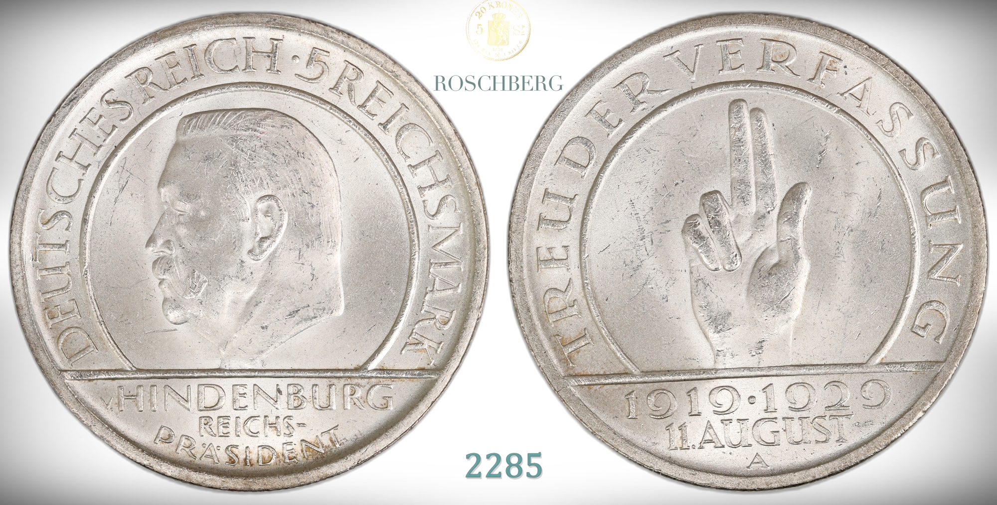 Germany, Weimar 5 Mark 1929  Kv: UNC