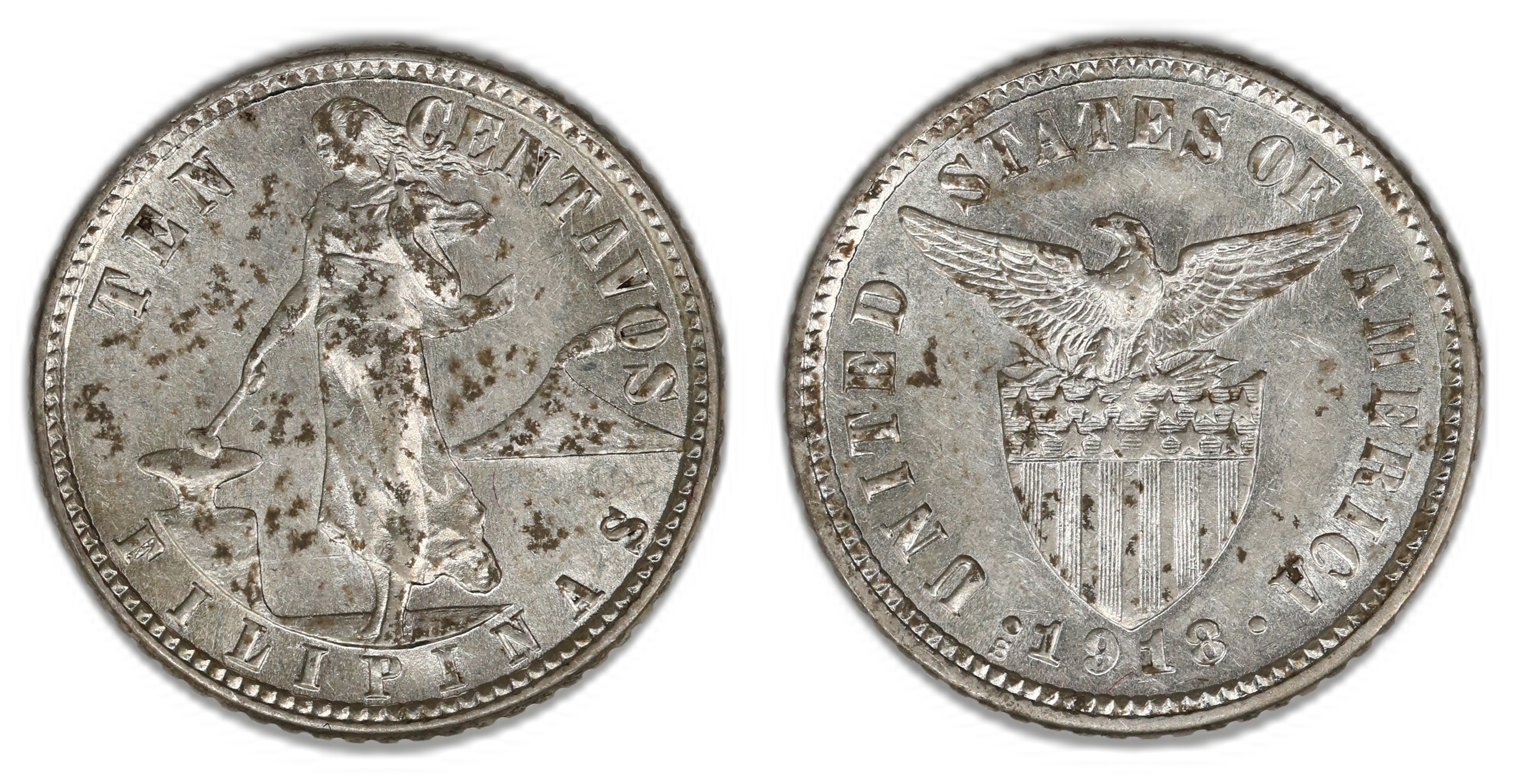 US Philippines 10 Centavos 1918-S Kv UNC