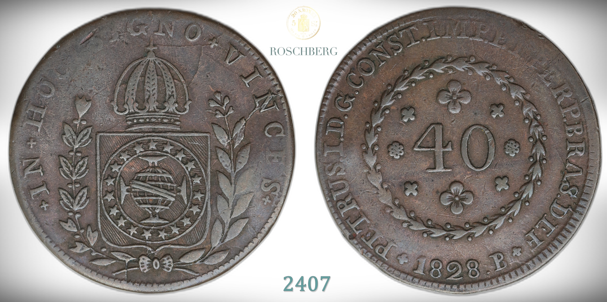 Brazil 40 Reis 1828-B RARE Kv: XF