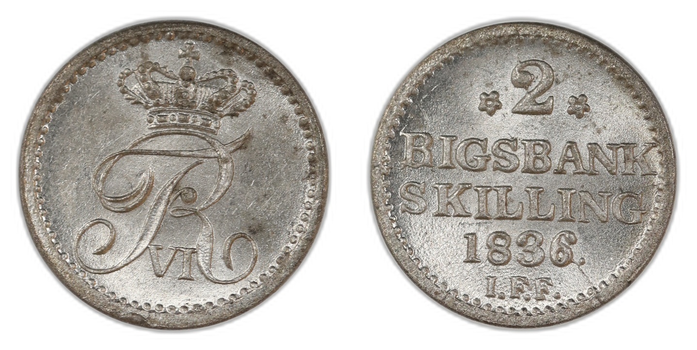 Danmark 2 Skilling 1836 Kv: 0 (UNC)