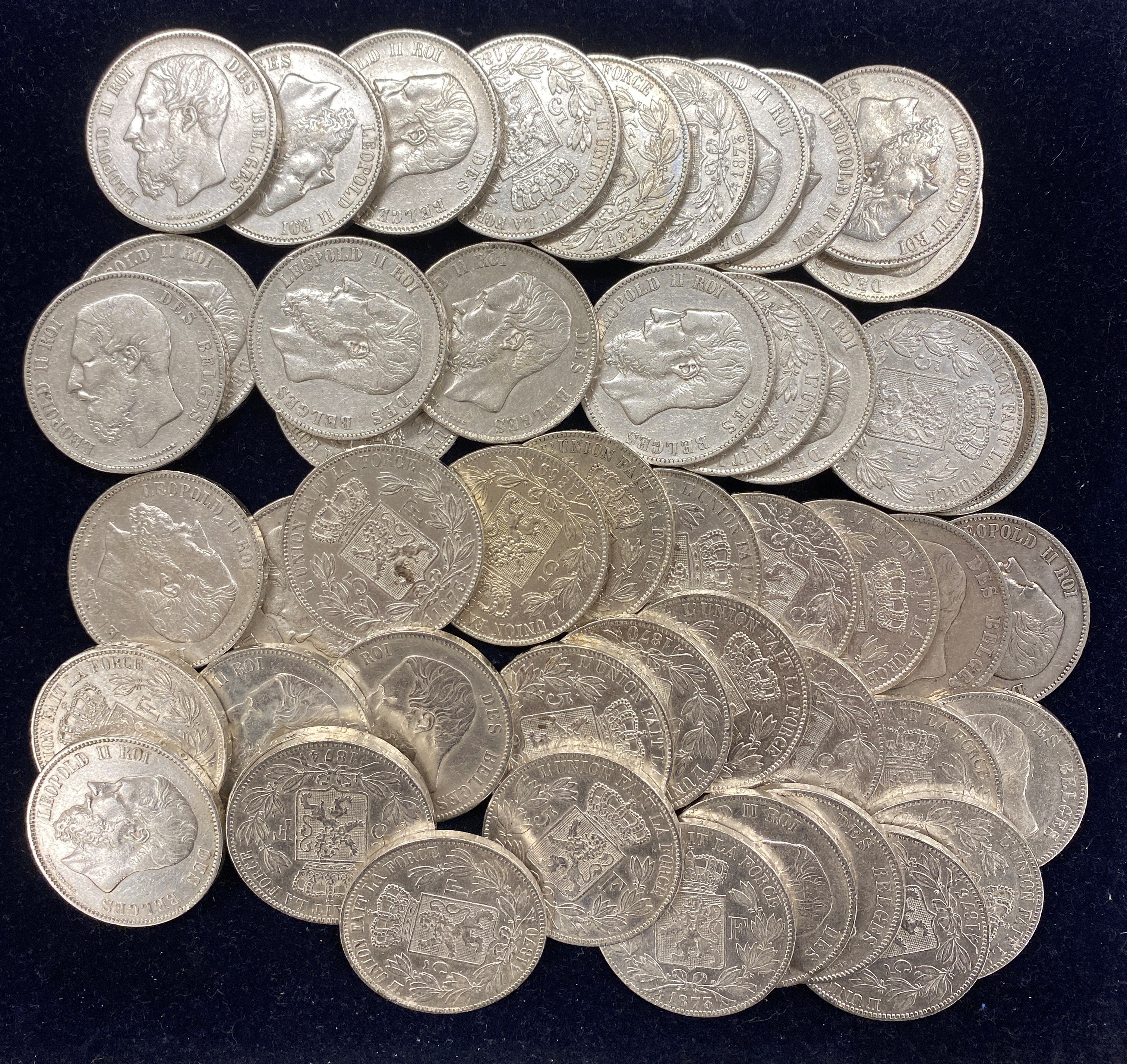 Belgia Investeringparti med 50 Stk 5 Francs Leopold II 1125 Gram rent Sølv
