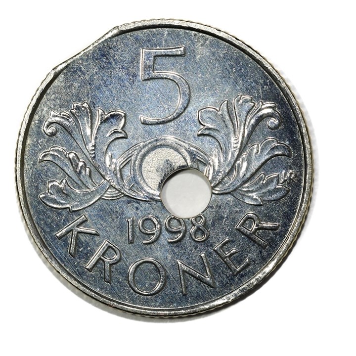 5 Kroner 1998 Skjevt hull og kantklipp