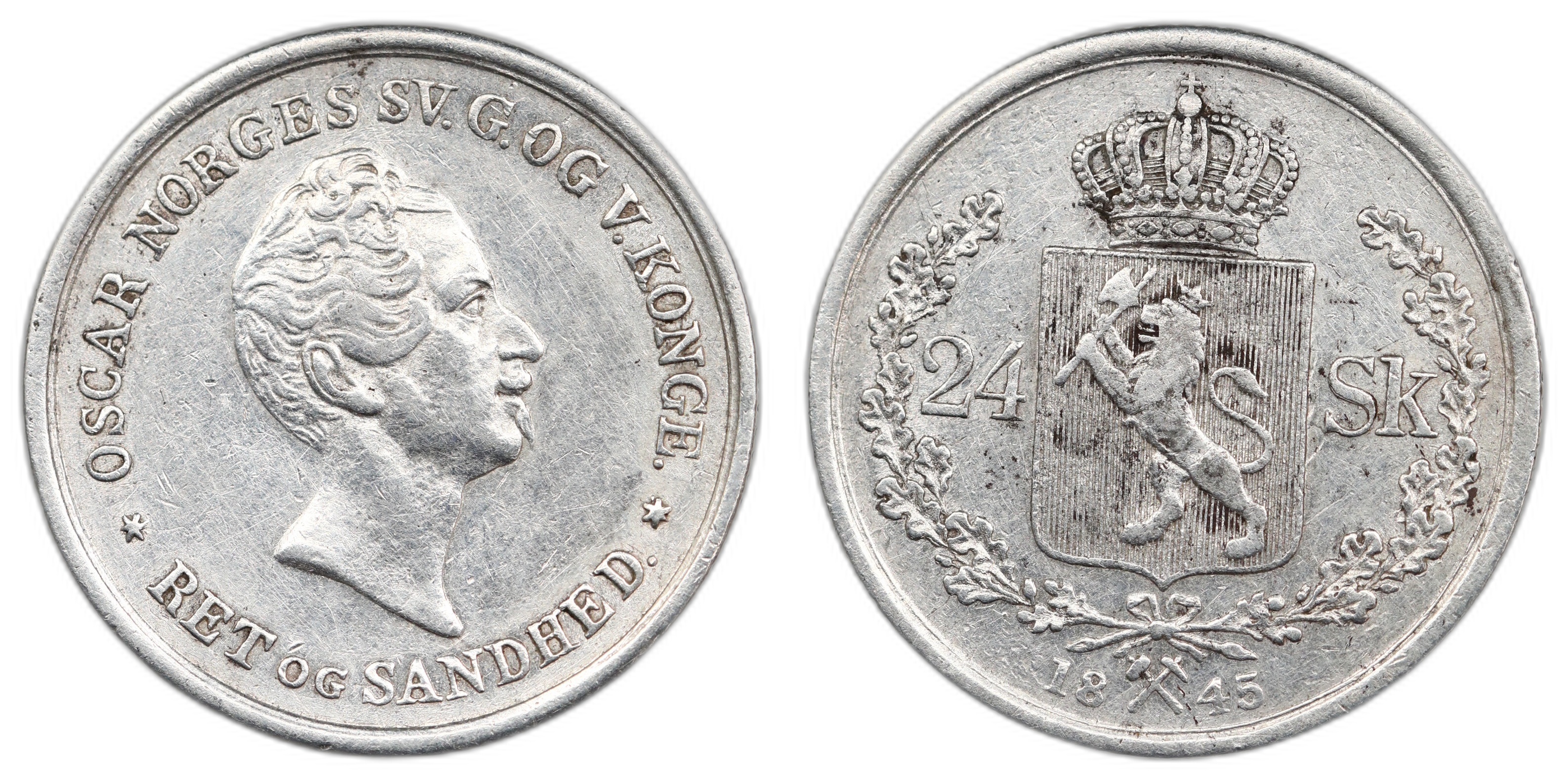 Norge 24 Skilling 1845 Kv: 1+, renset
