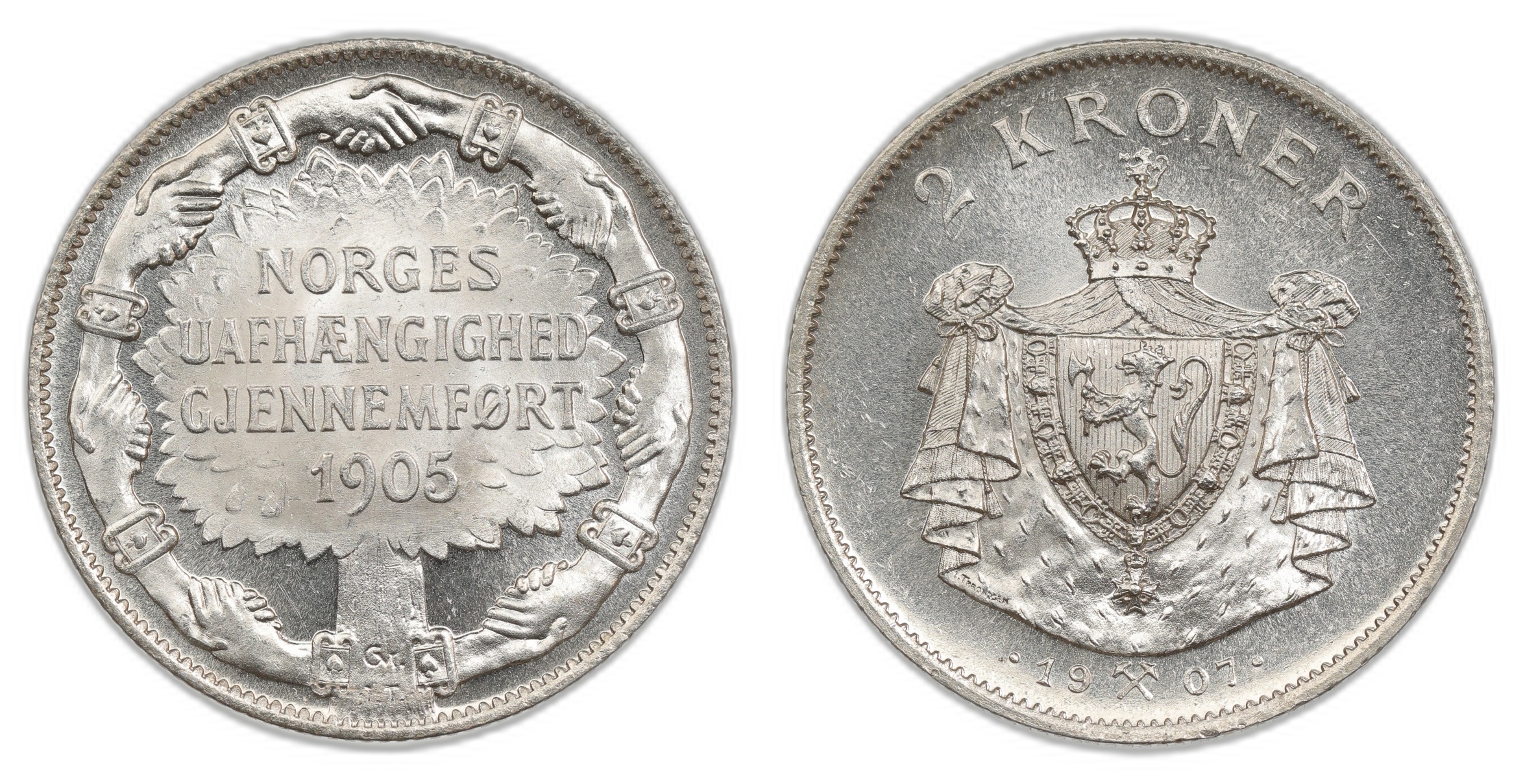 Norge 2 Kroner 1907 Kv 0, vakker