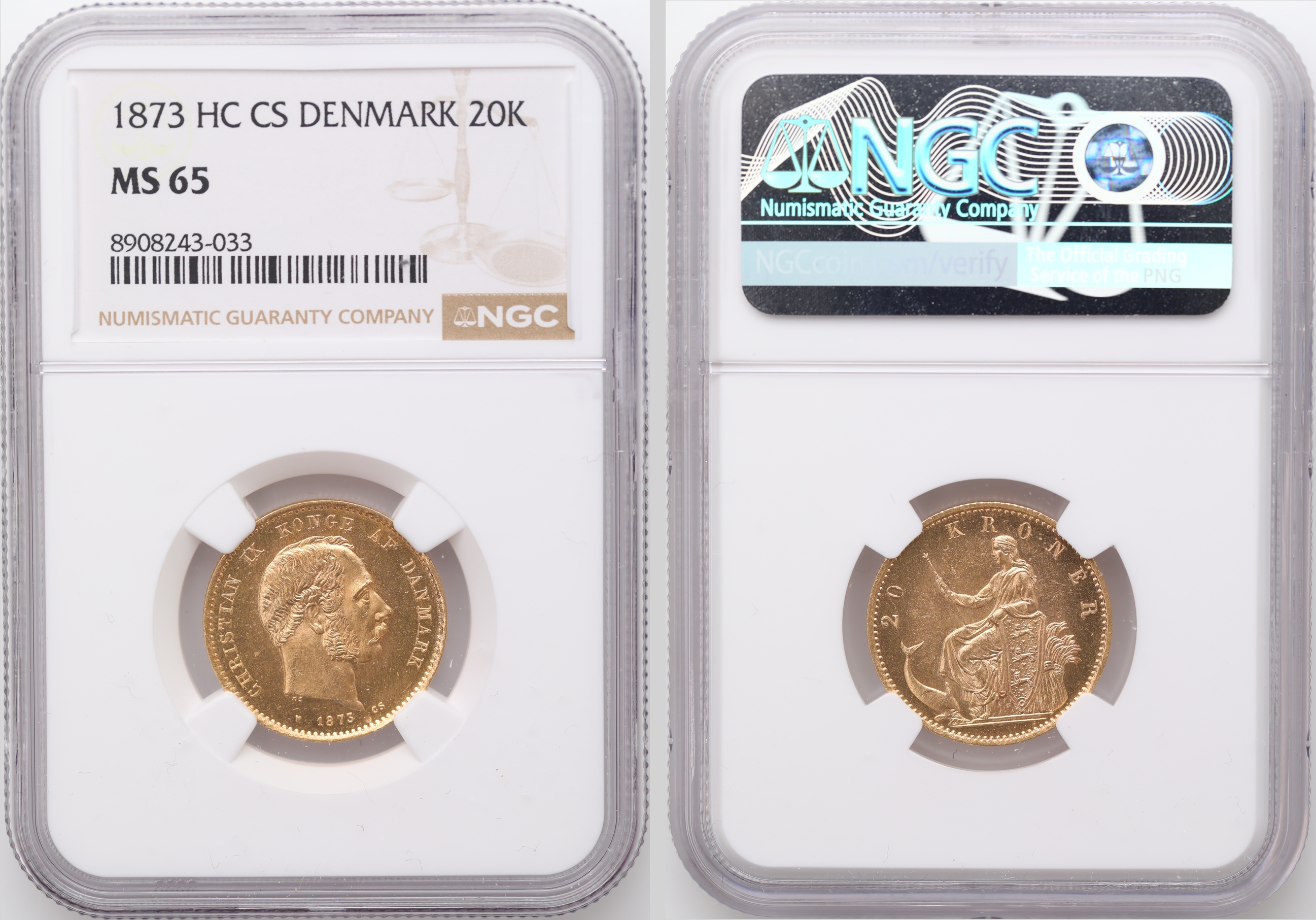Danmark 20 Kroner 1873  Kv: NGC MS65