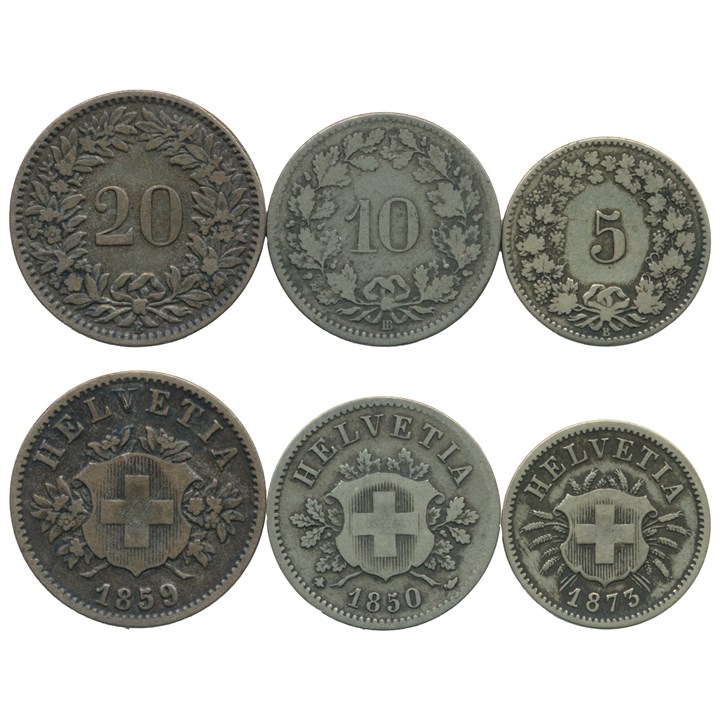 Switzerland 20 Rappen 1859 B, 10 Rappen 1850 BB and 5 Rappen 1873 B VF