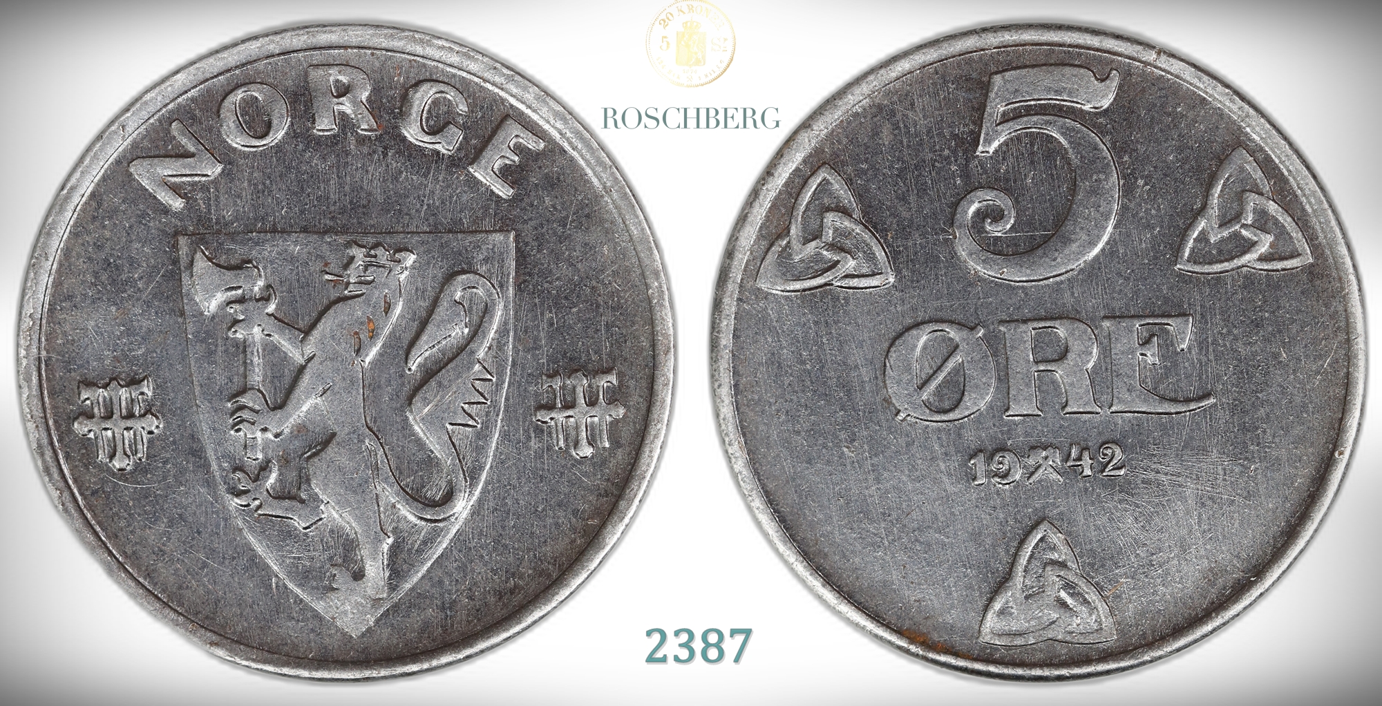 Norge 5 Øre 1942  Kv: 0/01, praktstriper