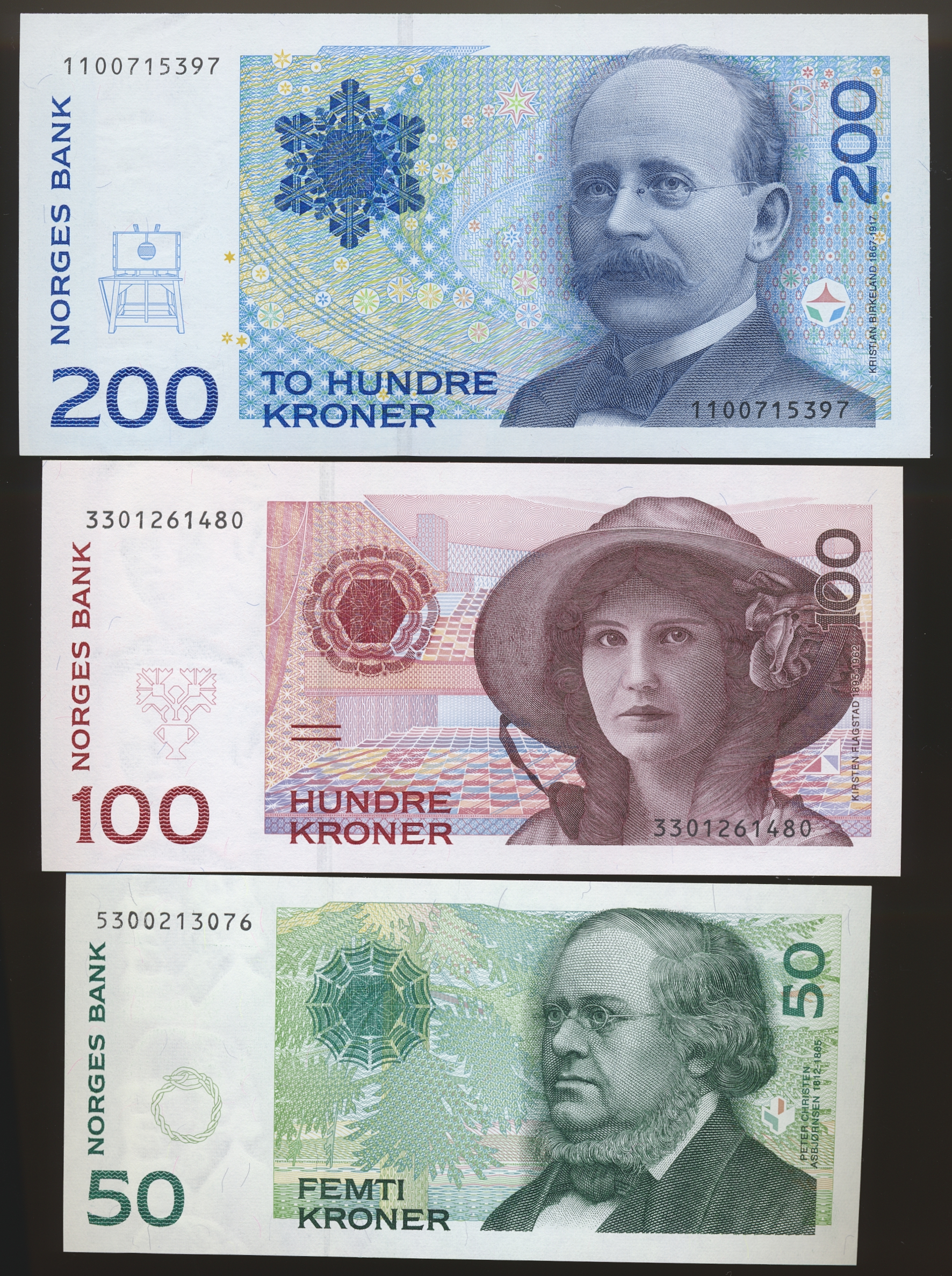 200 Kroner 1994, 100 Kroner 1995 og 50 Kroner 1996 Kv 0