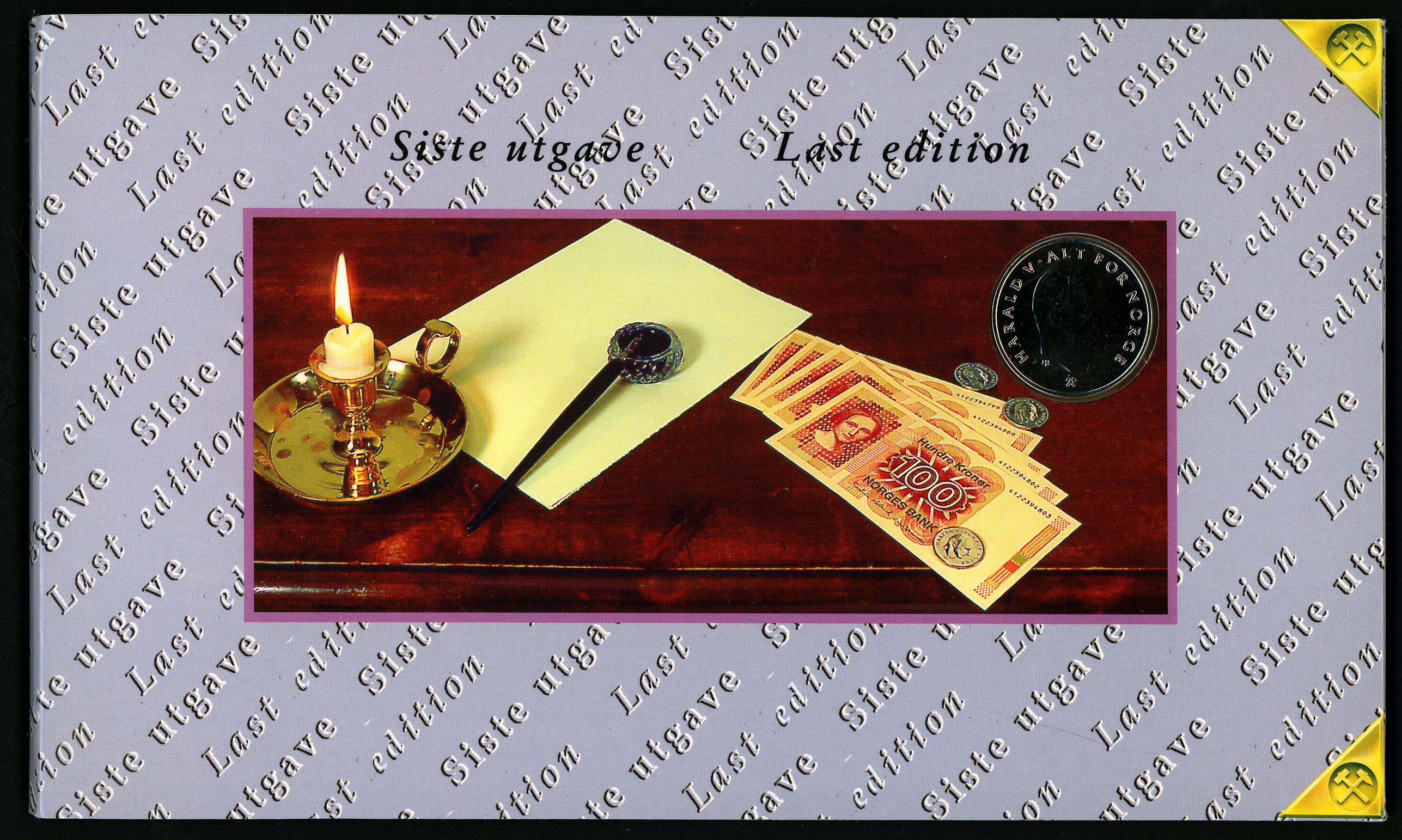 100 Kroner 1994 sisteutgave med Sort Overtrykk i folder med 1 Krone 1996 UNC