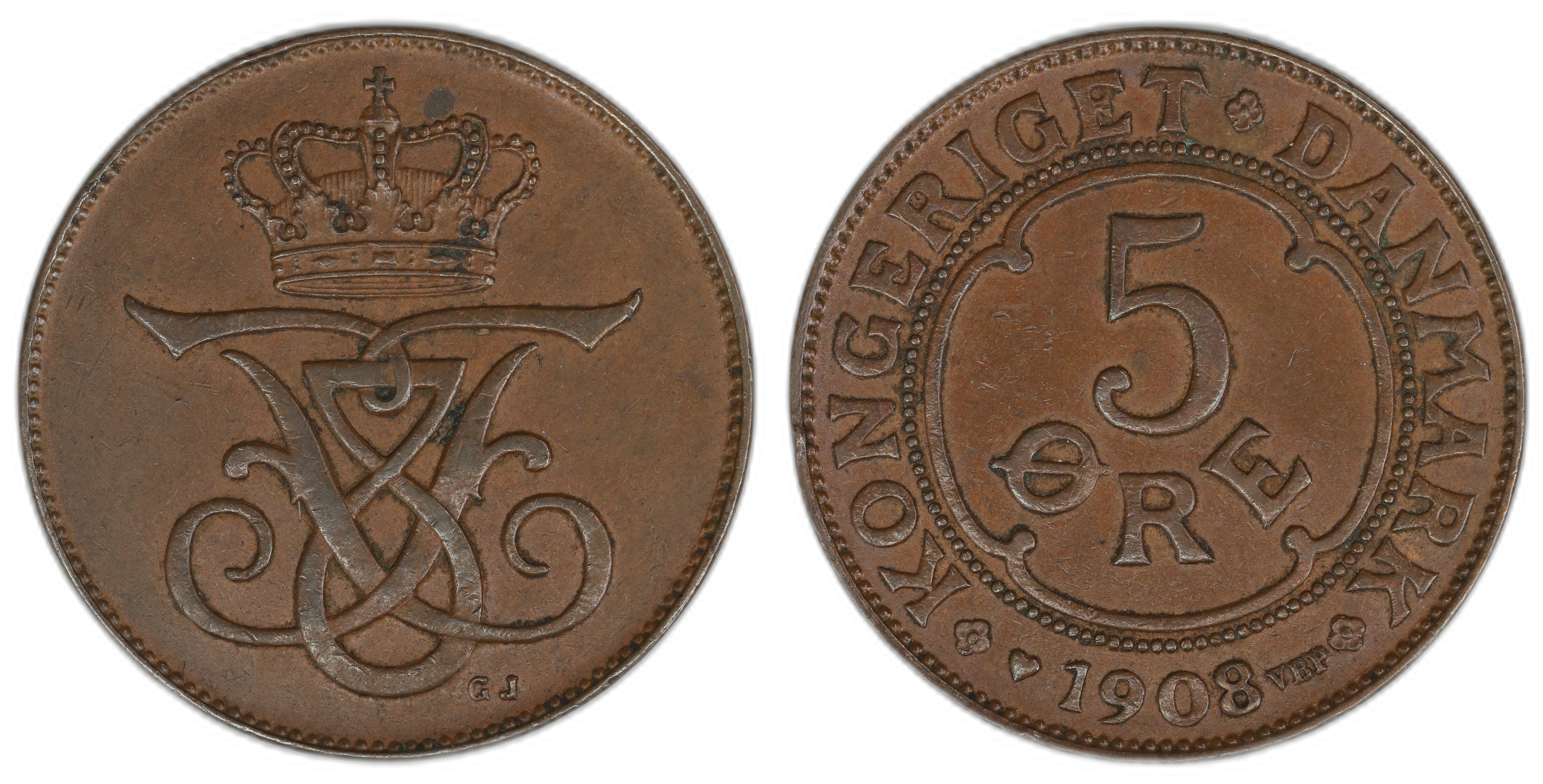 Danmark 5 Øre 1908  Kv: 1+