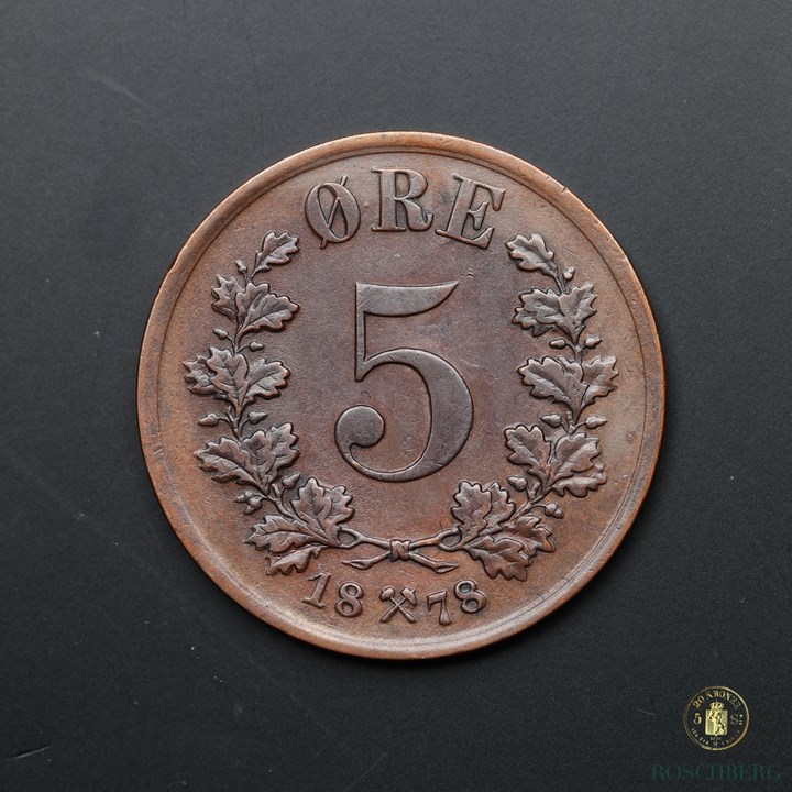 Norge 5 Øre 1878 Kv 01, renset