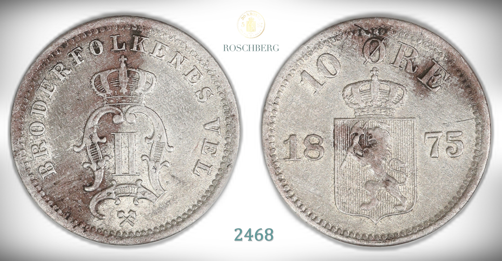 Norge 10 Øre 1875  Kv: 1+, ujevn farge