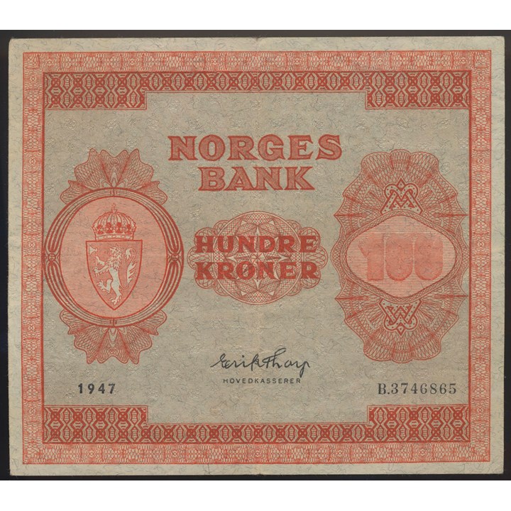 100 Kroner 1947 B Kv 1+, liten flekk nede høyre revers