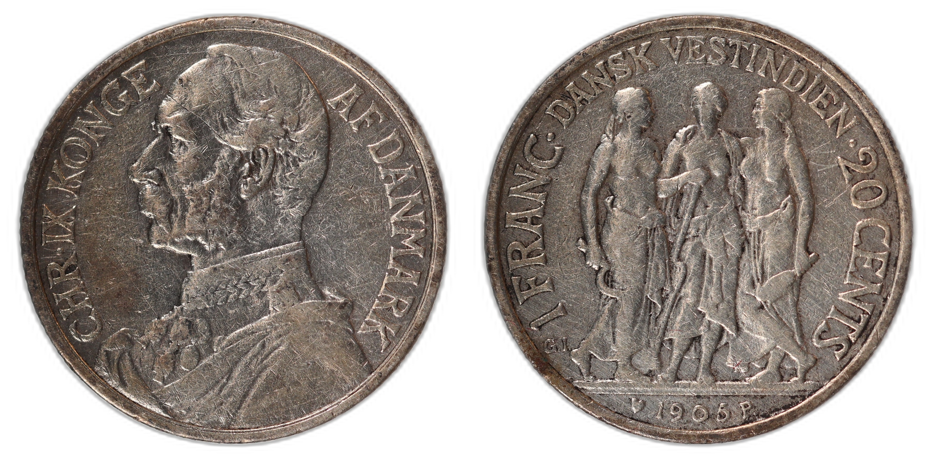 Danish West Indies 1 Franc 1905 Kv: 1 (VF, cleaned)